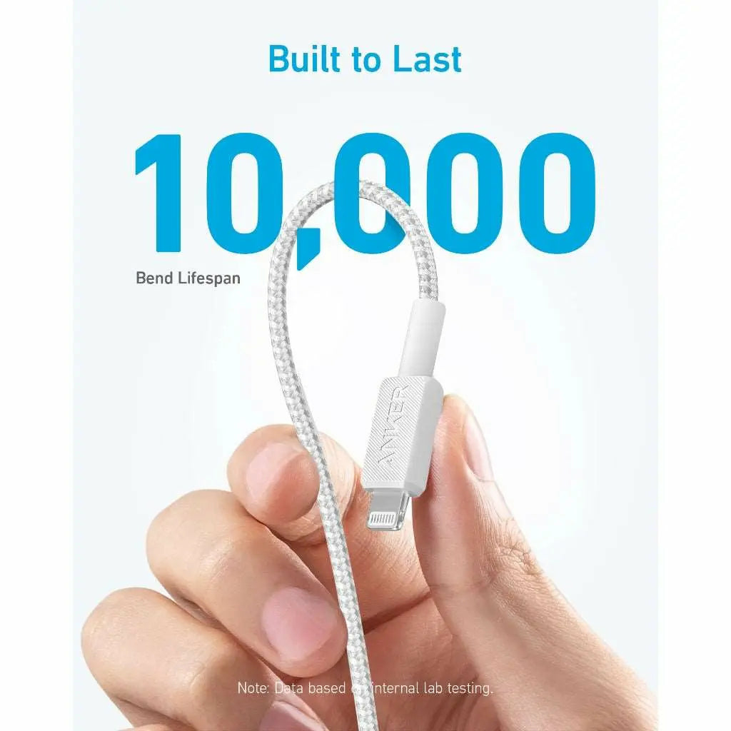 Mano che tiene un cavo di ricarica bianco con connettore USB-C. Testo: '10,000 Bend Lifespan'.