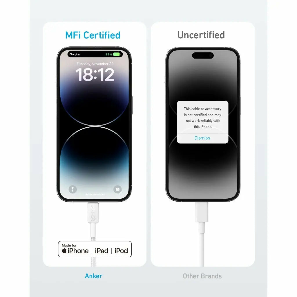Due telefoni, uno con certificazione MFi e uno non certificato. Entrambi su sfondo bianco.
