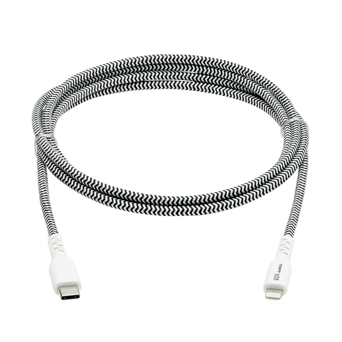 Cavo USB-C bianco e nero, motivo a zig-zag. Connettori alle estremità.