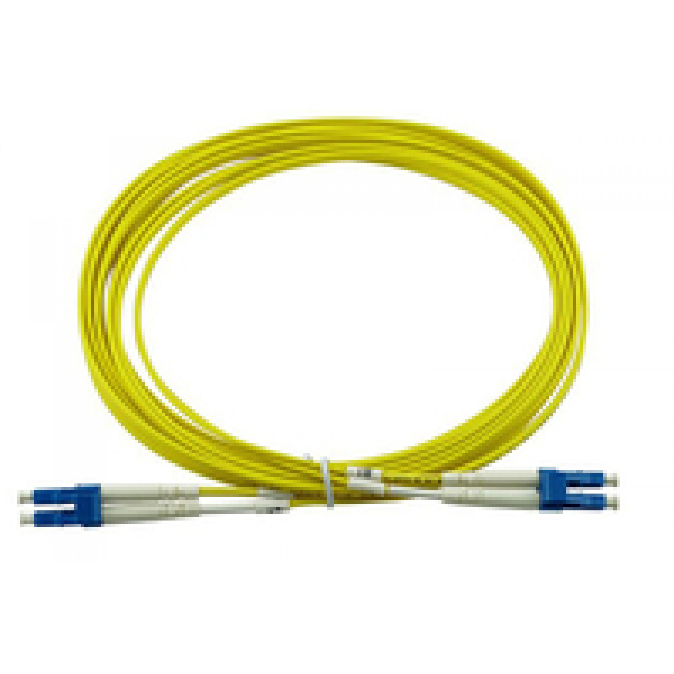 Cavo in fibra ottica giallo con connettori blu. Cavo arrotolato, connettori affiancati.