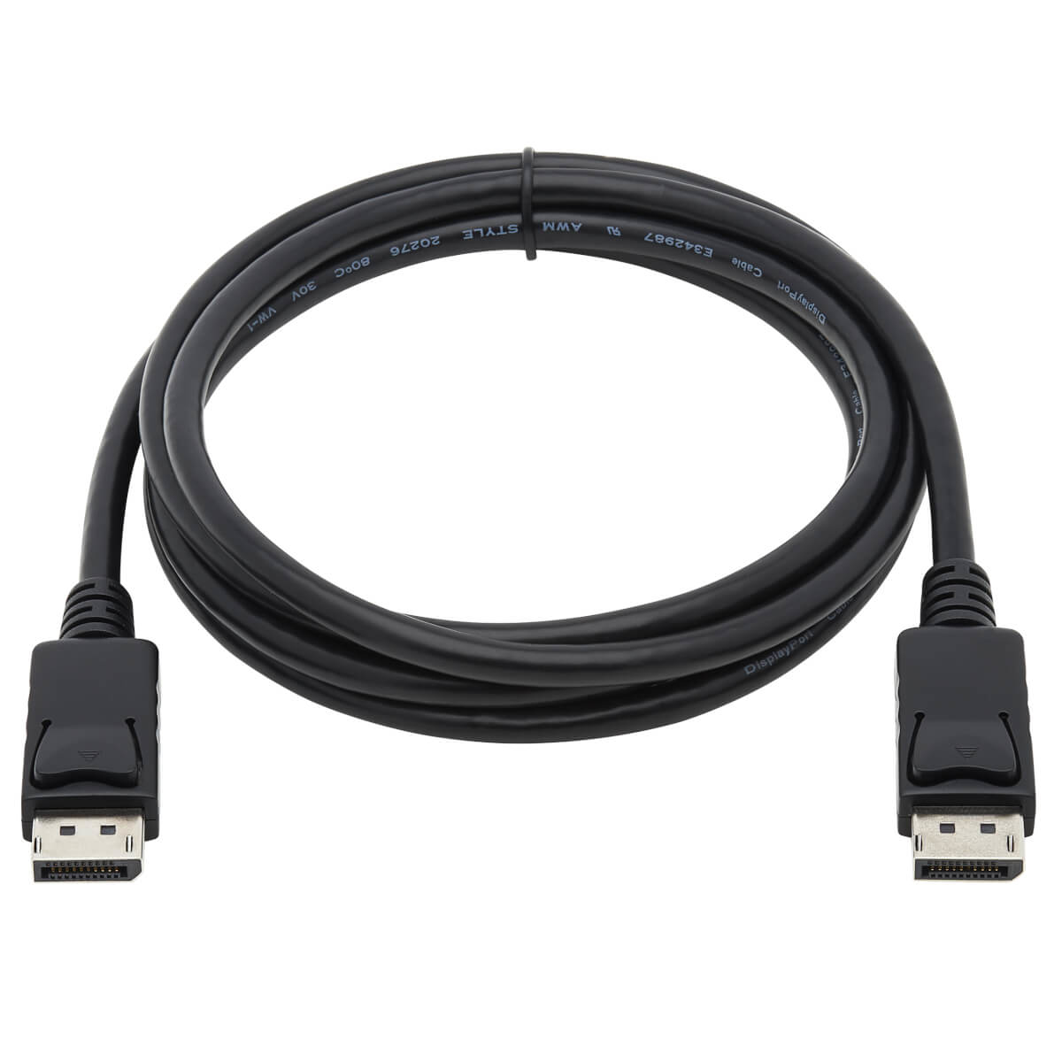 Cavo DisplayPort nero. Due connettori neri a ciascuna estremità del cavo.
