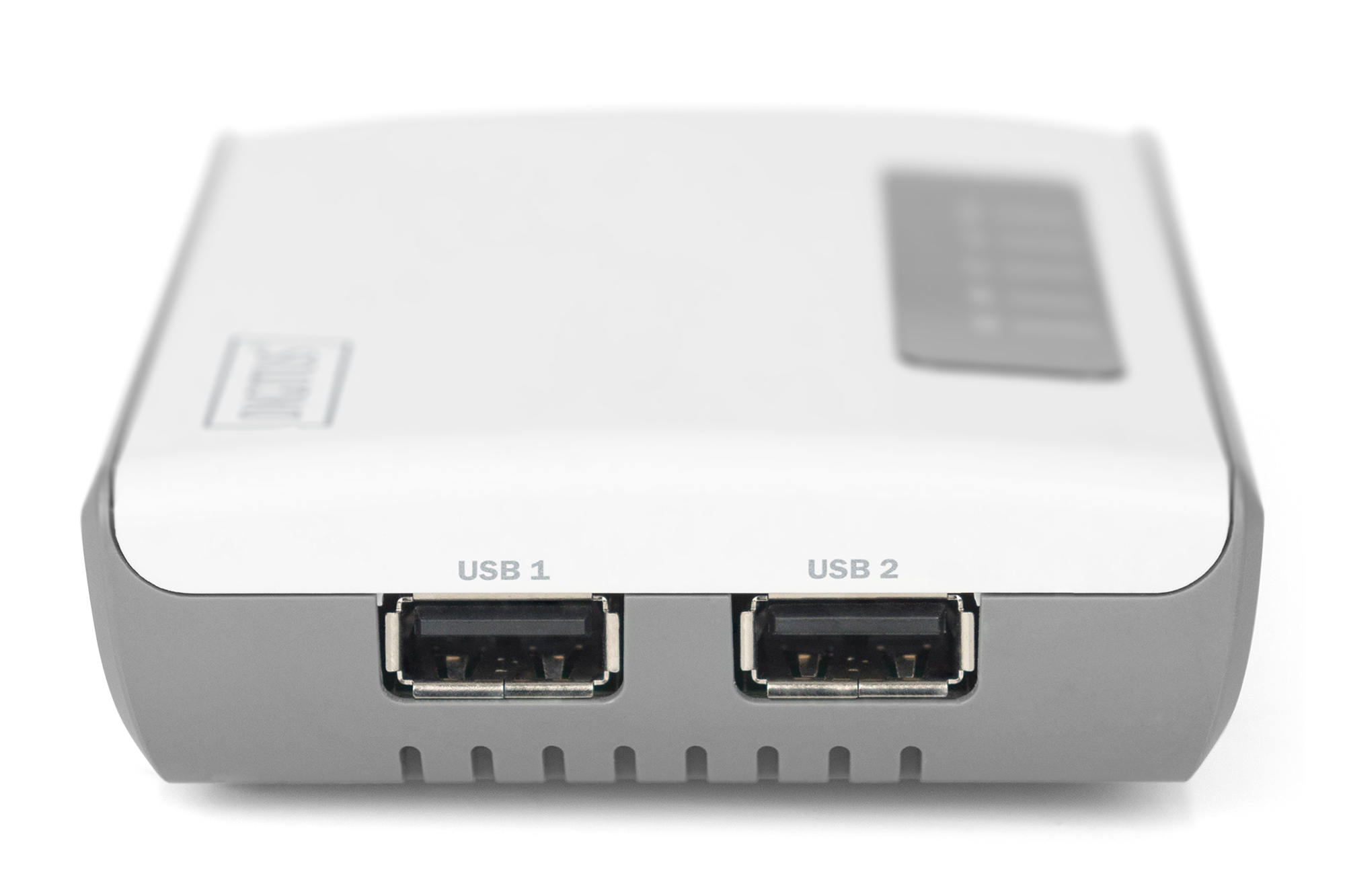 Weiß-grauer USB-Hub mit zwei USB-Anschlüssen und DIGITUS-Logo. Weißer Hintergrund.