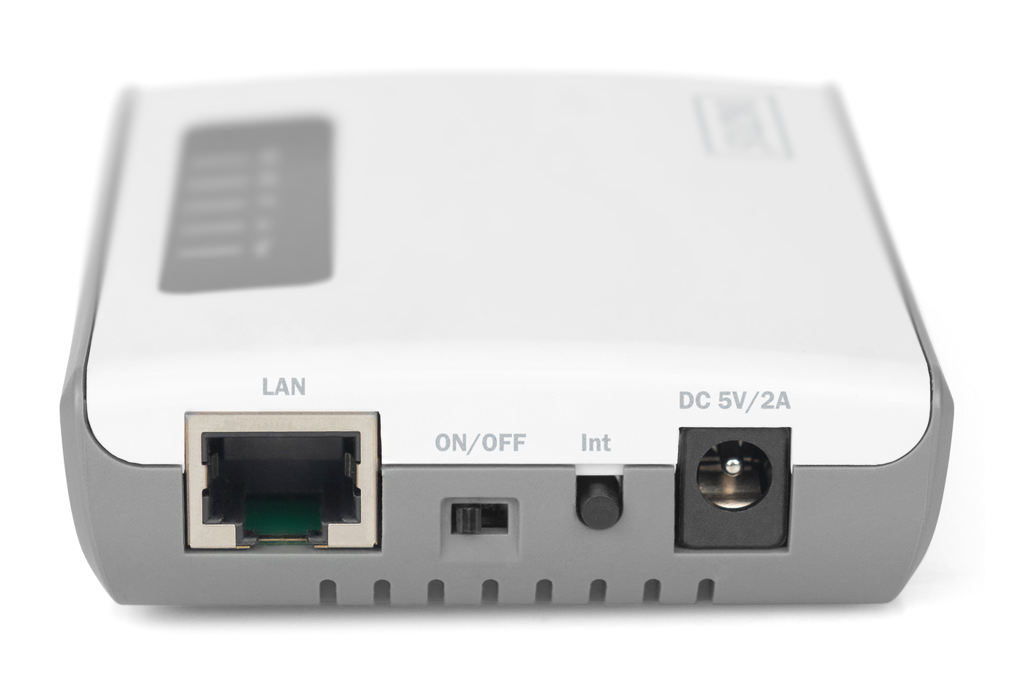 Elektronisches Gerät mit LAN-, ON/OFF- und DC 5V/2A-Anschlüssen auf der Rückseite.
