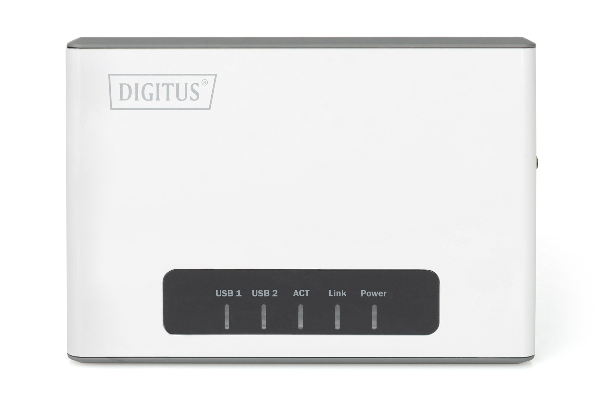 Weißer Digitus USB-Hub mit vier USB-Anschlüssen und Aktivitätsanzeigen.