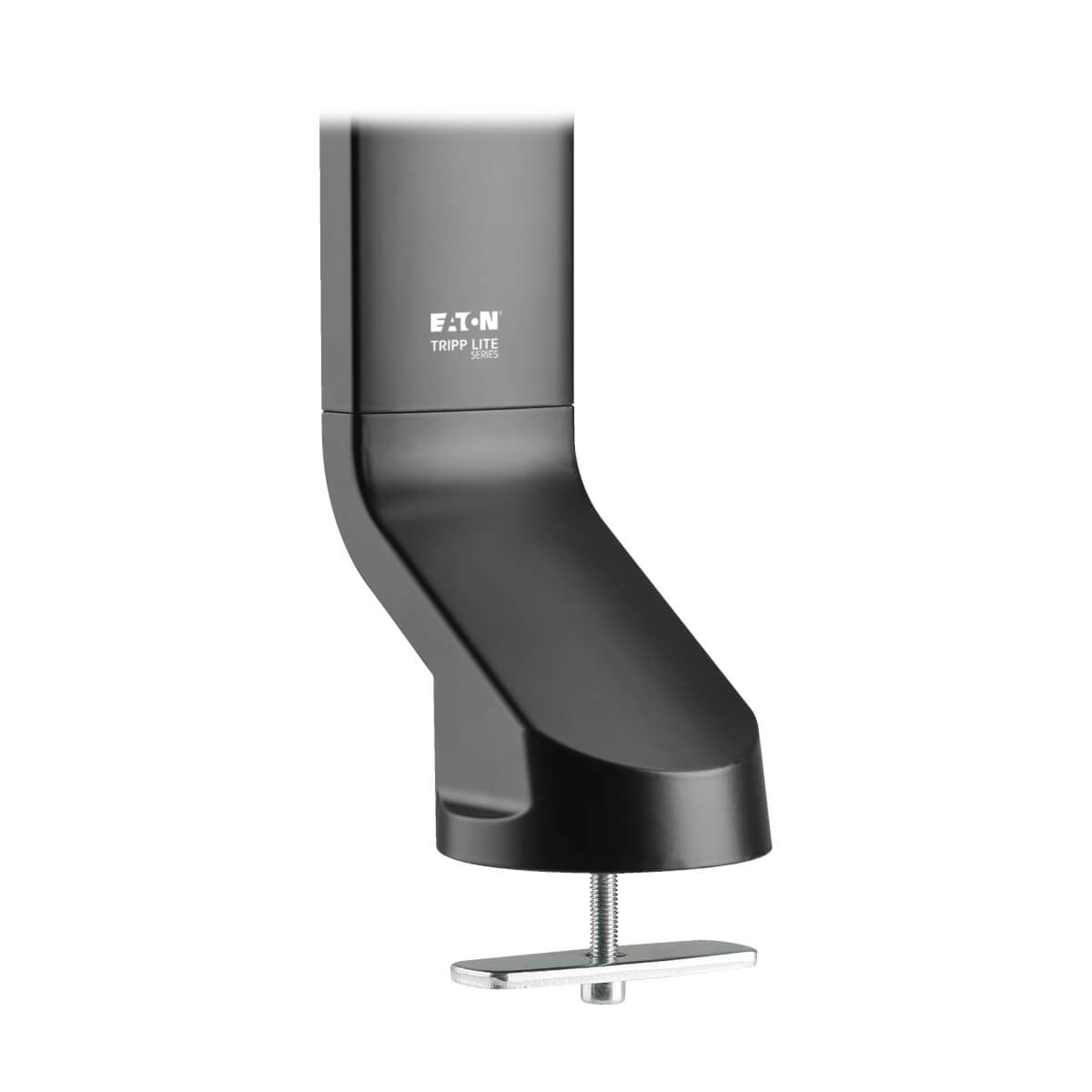 Brazo de monitor negro con abrazadera de montaje para escritorio, aislado sobre fondo blanco.