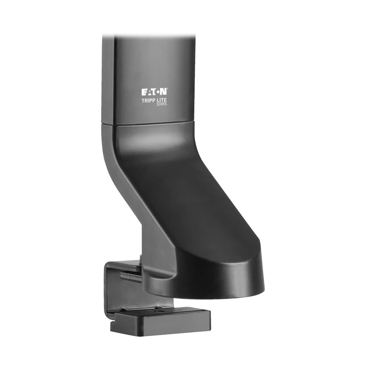 Soporte de escritorio negro para monitor, sujeto a un escritorio con una abrazadera.