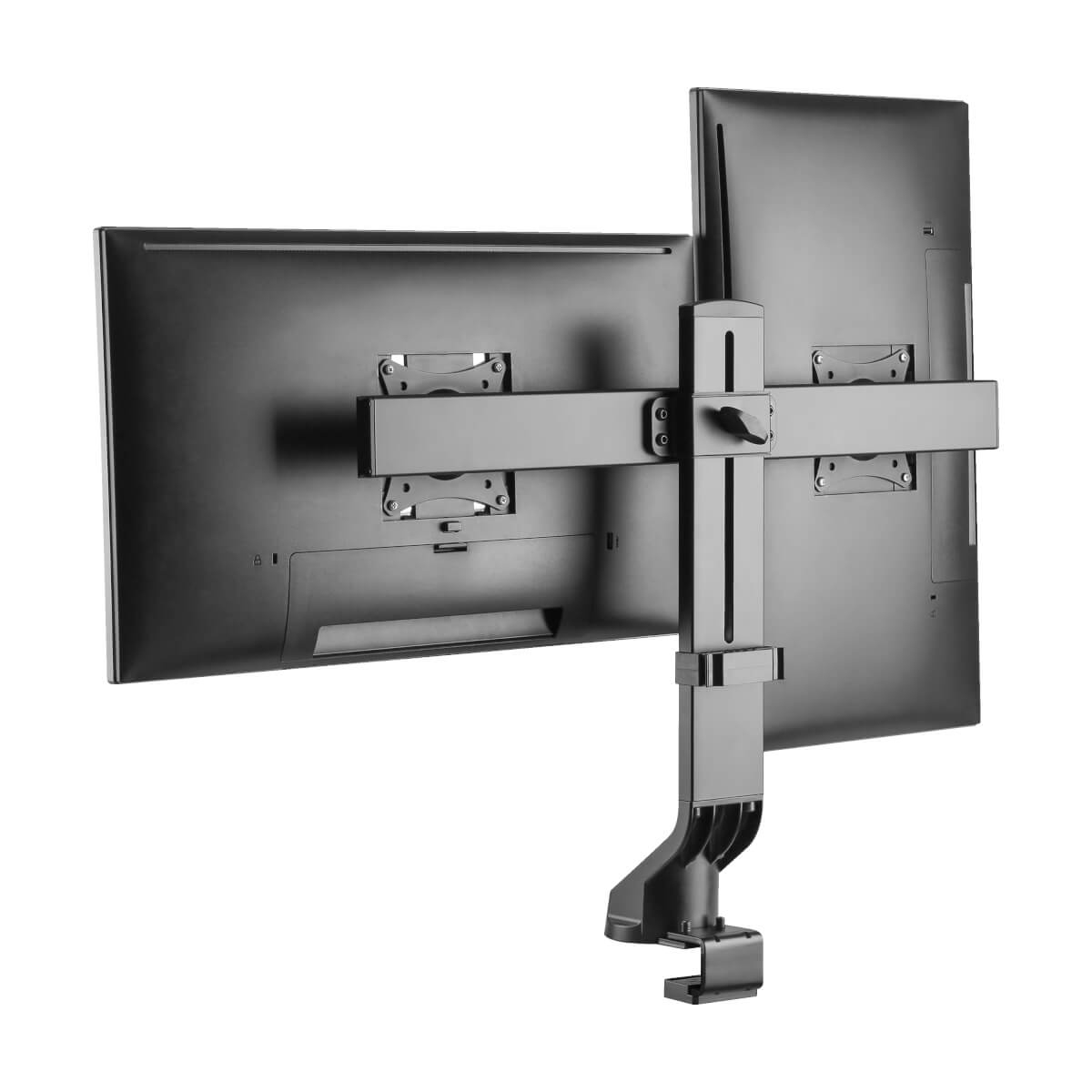 Dos monitores de computadora negros montados en un soporte. Las espaldas son visibles, con una abrazadera de escritorio en la parte inferior.