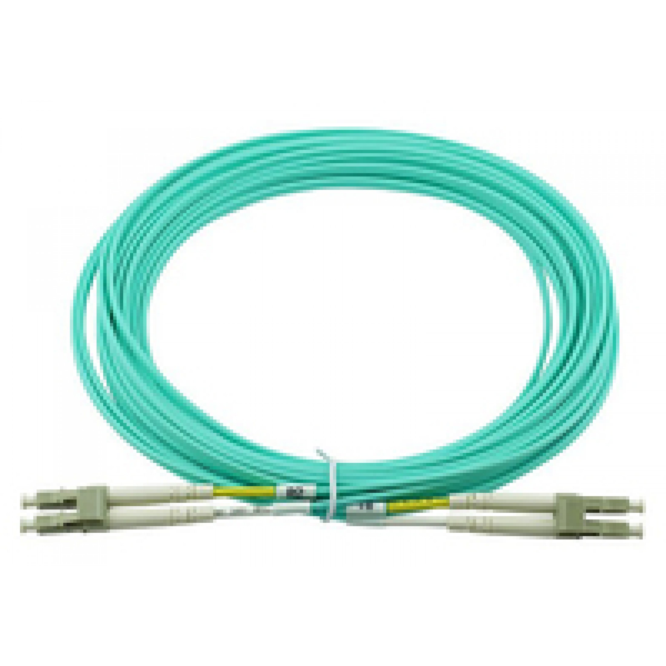Un cavo in fibra ottica verde chiaro, con due connettori, arrotolato su sfondo bianco.