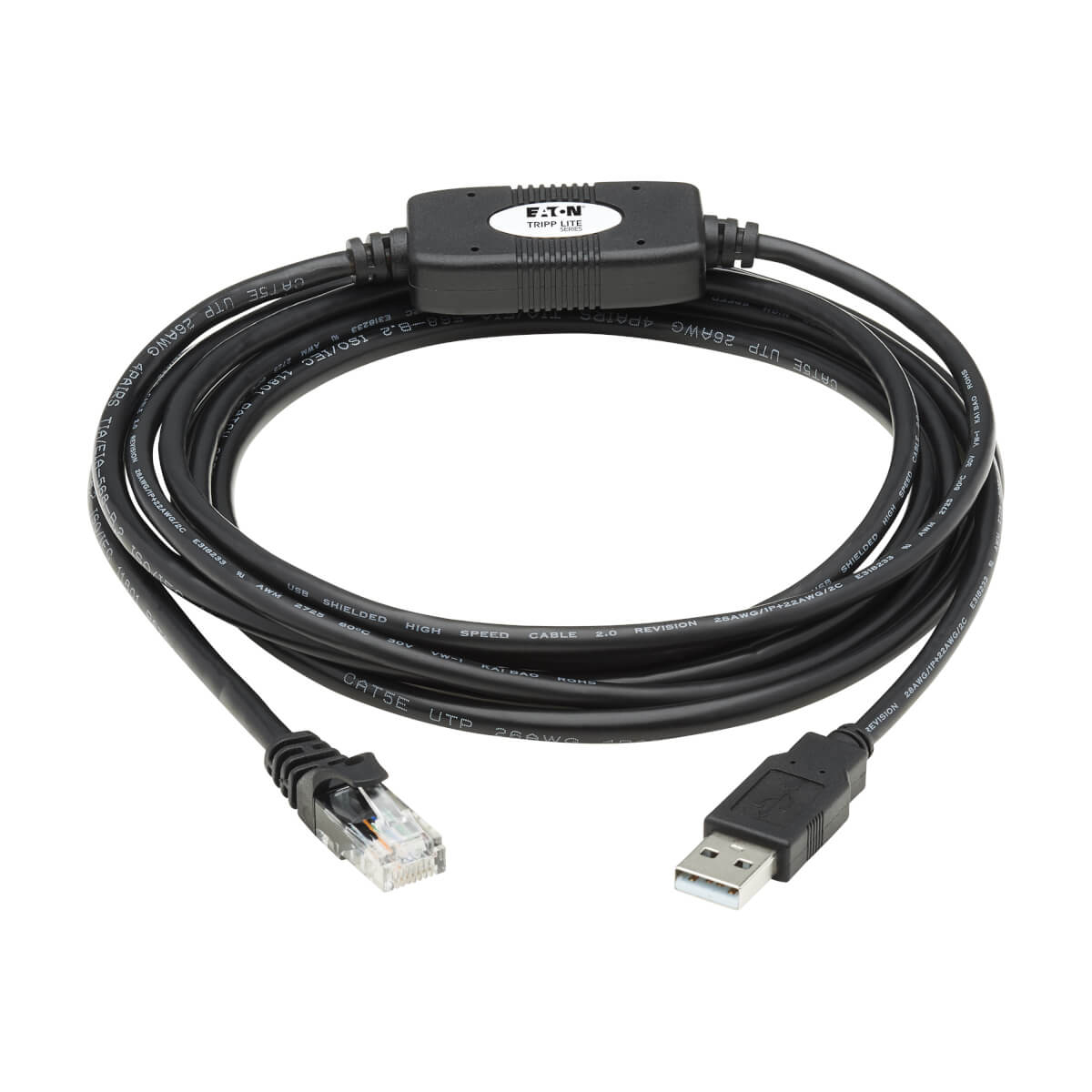 Cavo adattatore da USB a Ethernet nero. Include connettori USB e RJ45 e un connettore centrale.