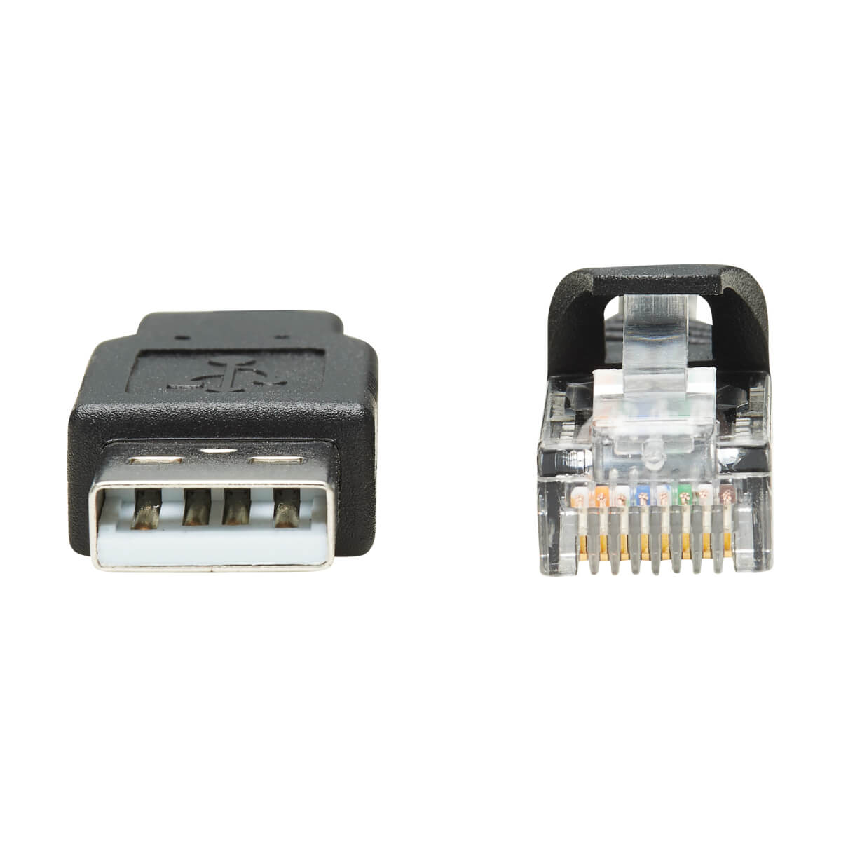 Un connettore USB e un connettore RJ45 sono mostrati fianco a fianco. Entrambi sono neri.