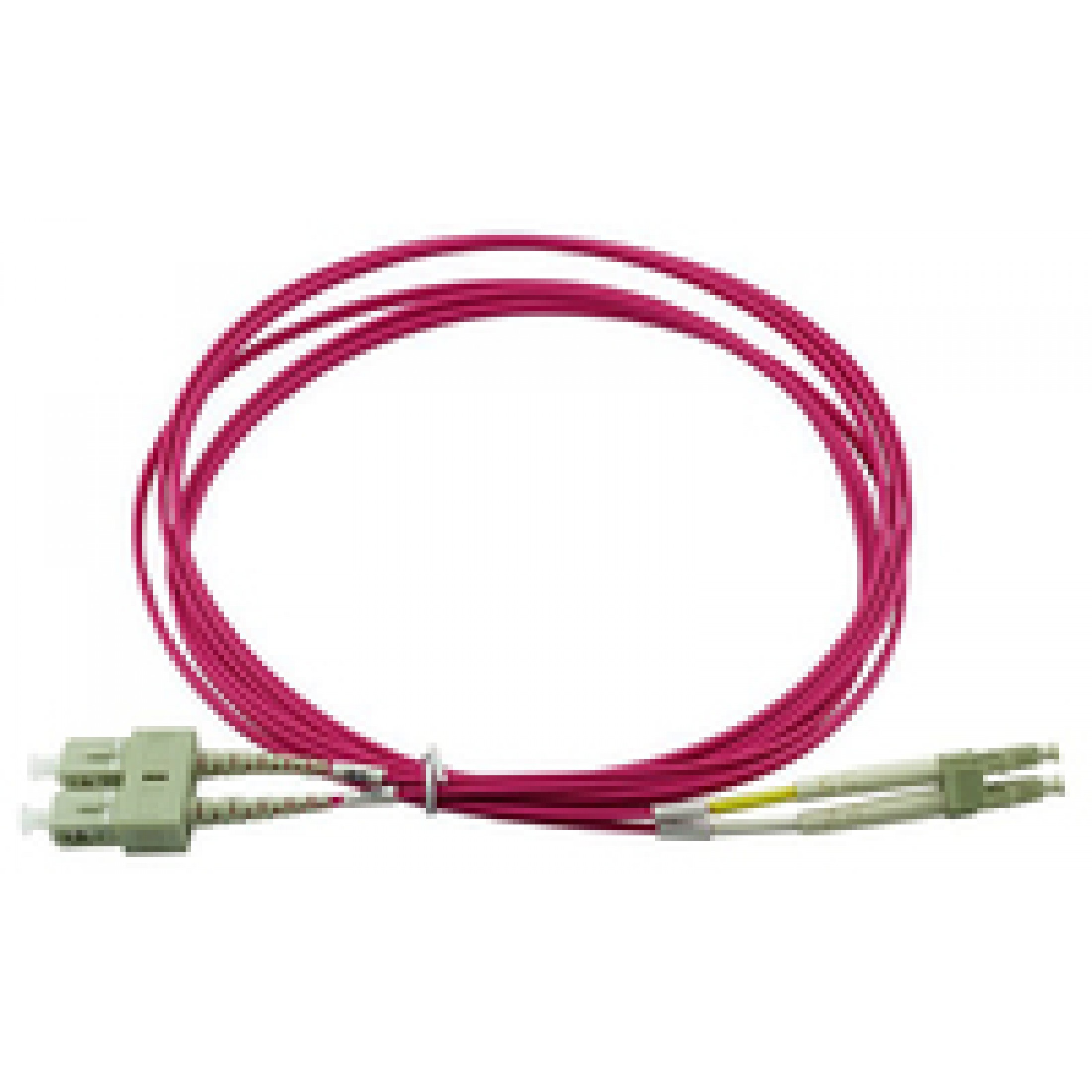 Un cavo in fibra ottica rosa a forma di cerchio con connettori grigi alle estremità.