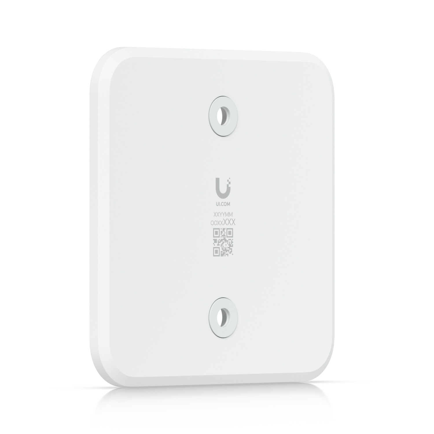 Pannello quadrato bianco con due fori. UI.com e codice QR visibili.