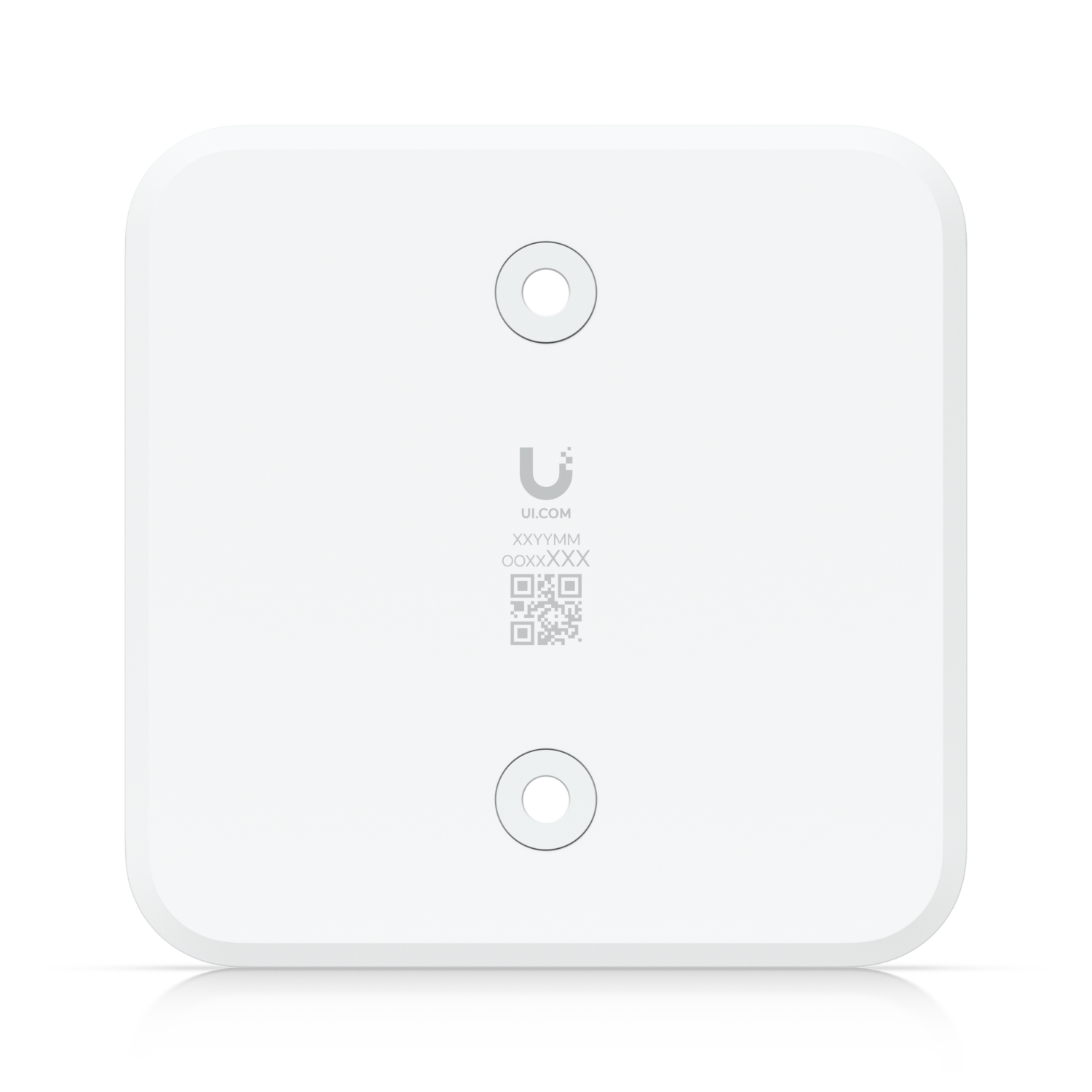 Dispositivo quadrato bianco, due fori, UI.COM, codice QR, su sfondo bianco, vista dall'alto.