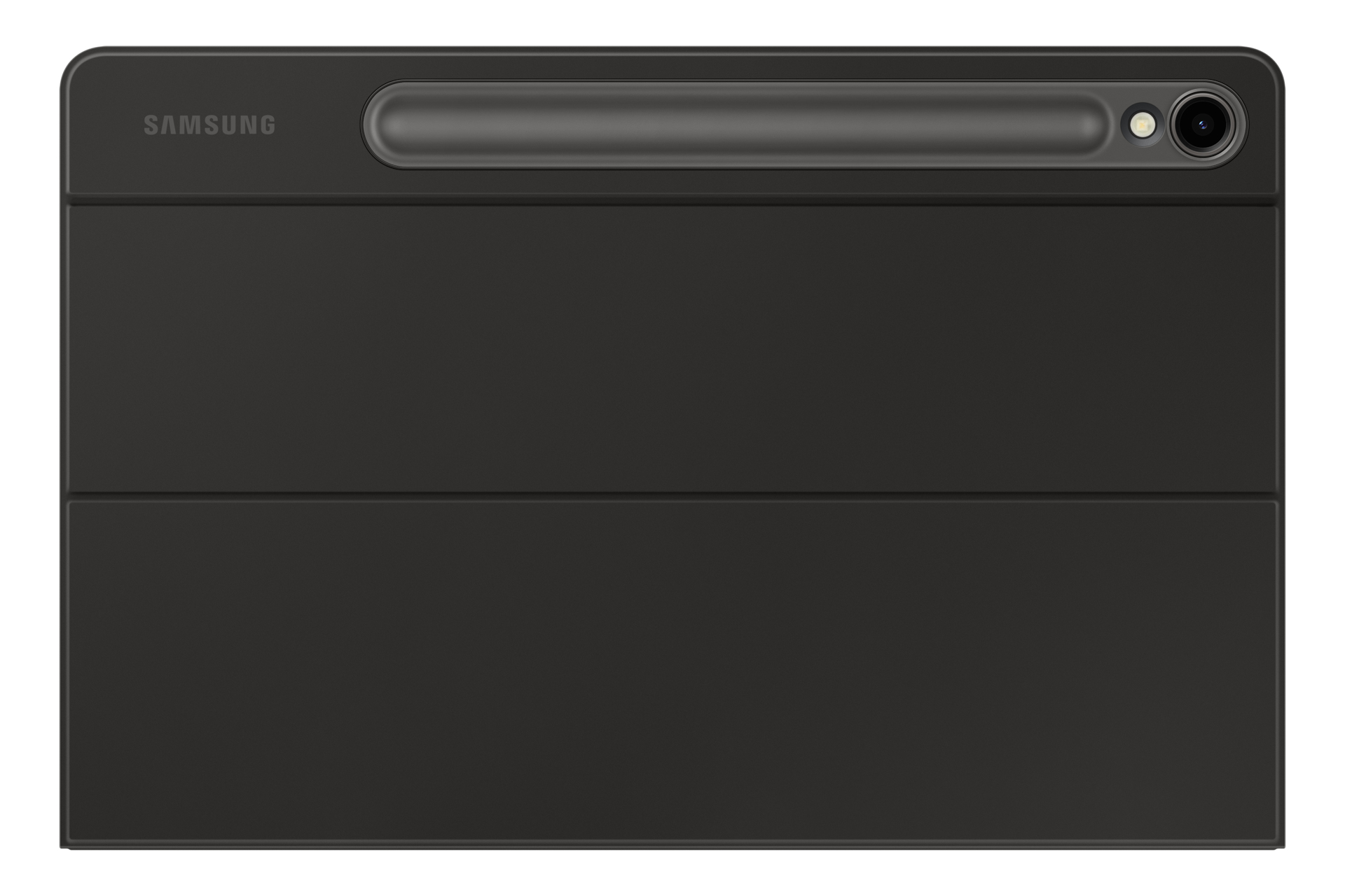 Funda negra para tableta Samsung con cámara y ranura para bolígrafo. Logotipo de Samsung en la parte superior izquierda.