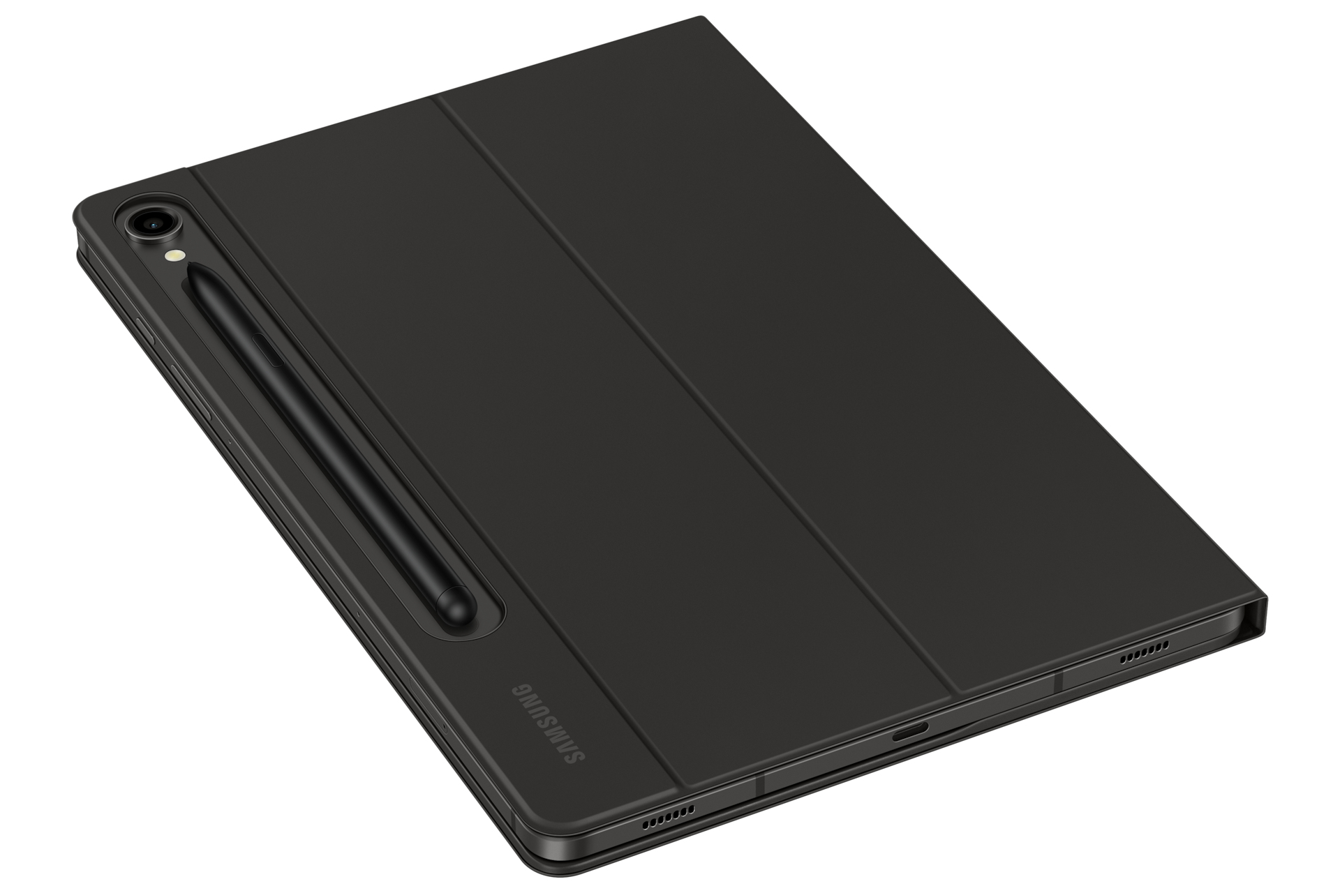 Tablette noire avec stylet et étui. Logo Samsung visible.