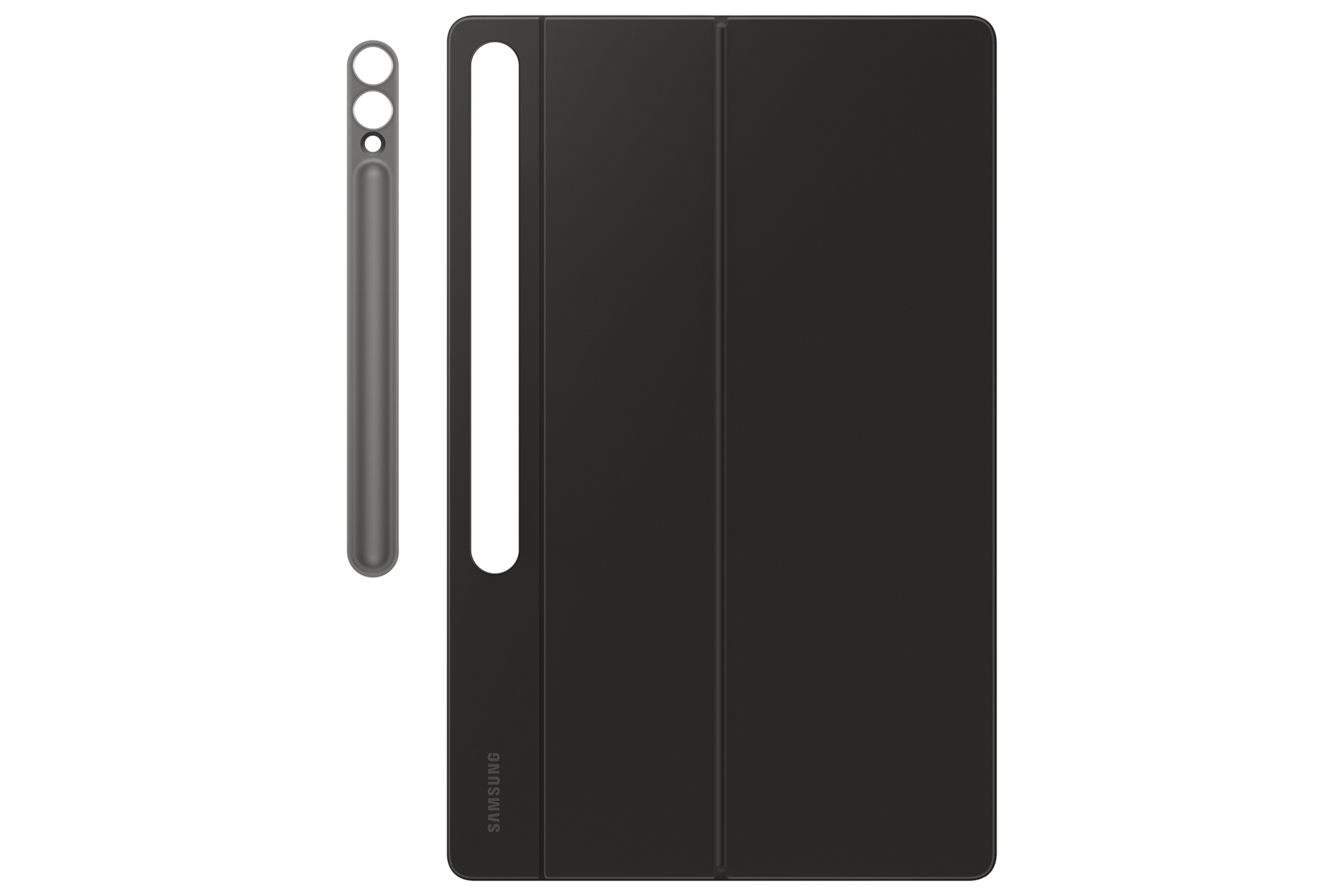 Custodia per tablet nera con coperchio aperto e stilo grigio. Il logo Samsung sulla custodia.