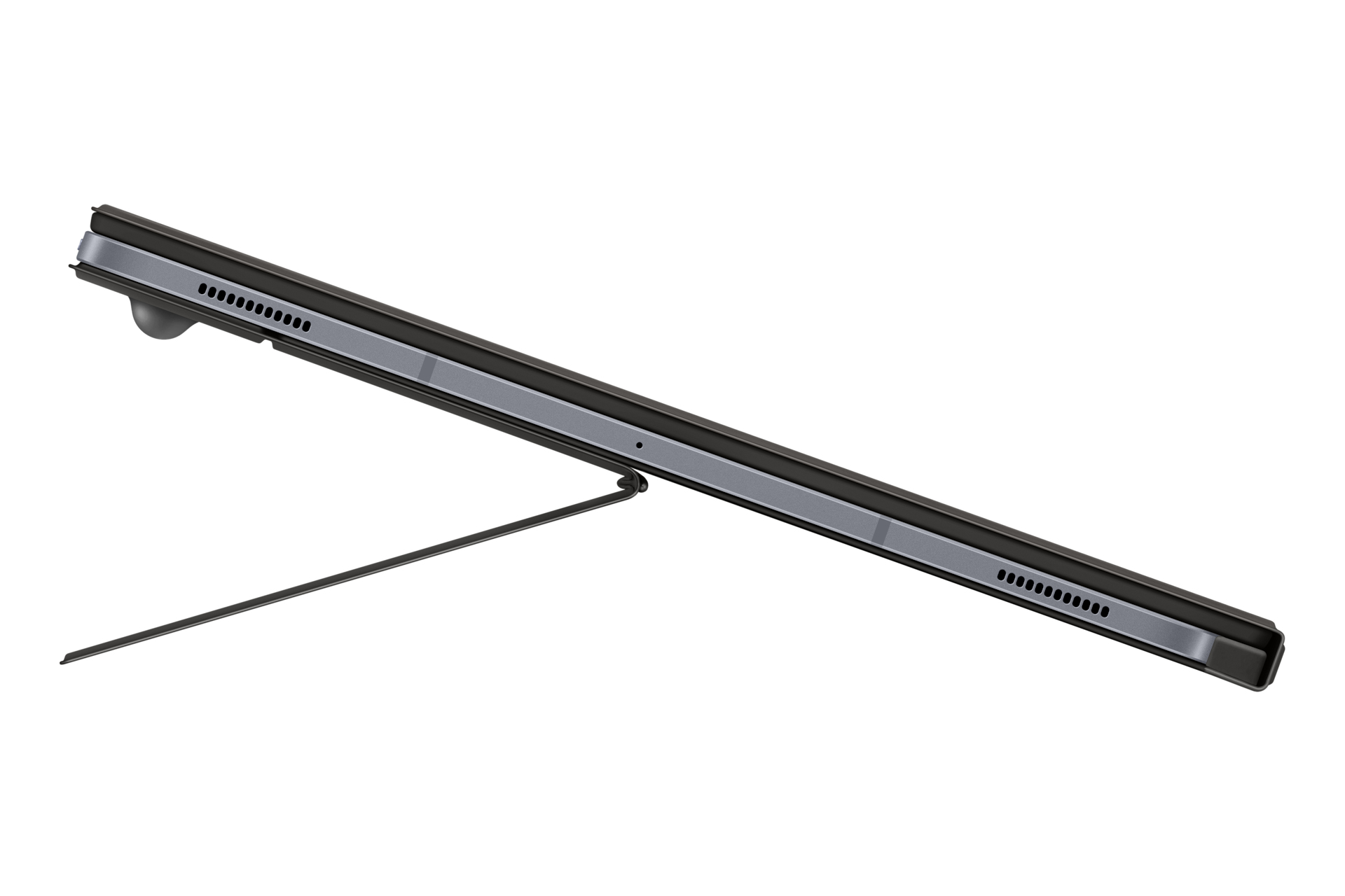Tablet nero in custodia scura con supporto. Il tablet è angolato, mostrando i dettagli laterali.