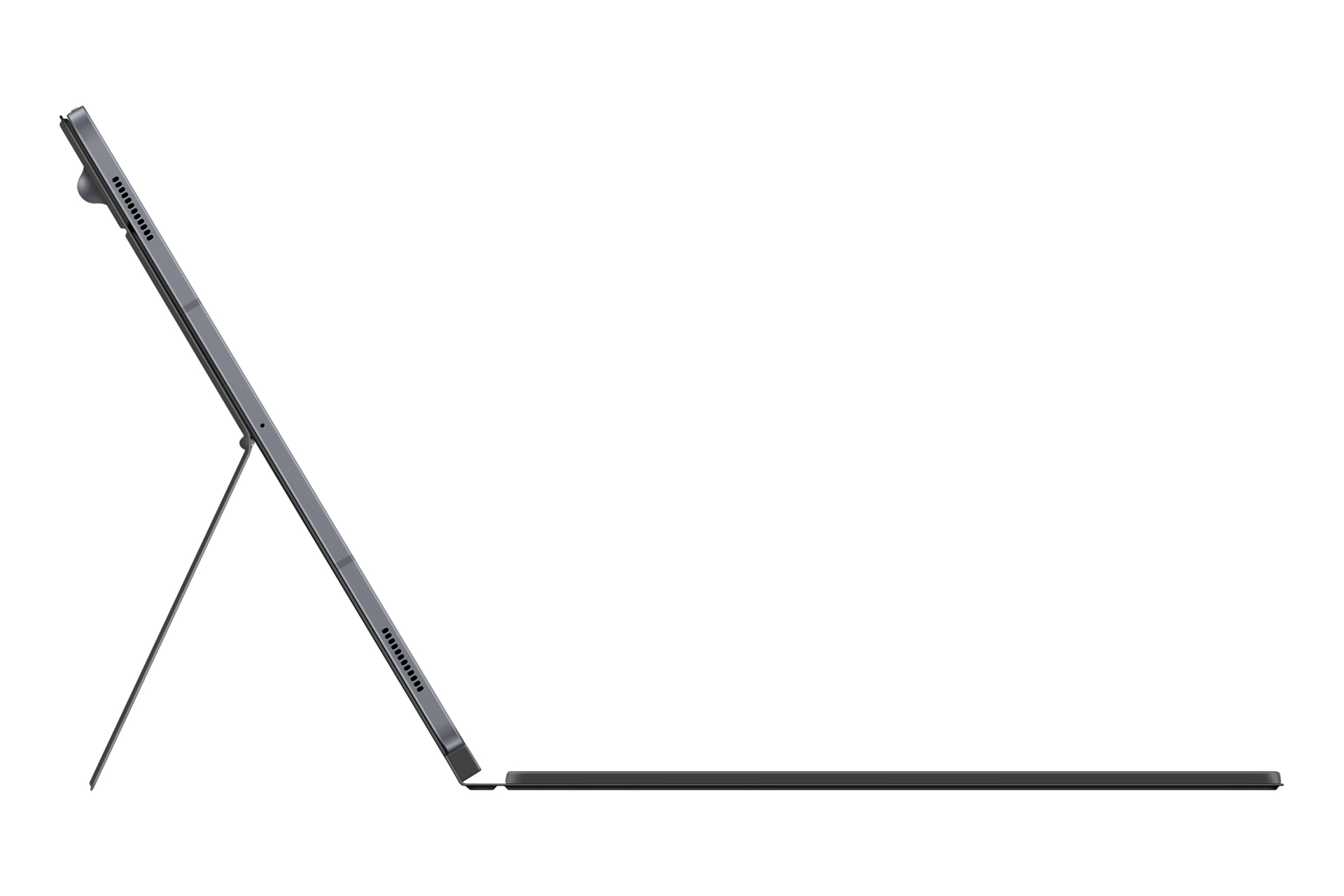 Tablet con tastiera, angolato, che mostra il suo profilo laterale.