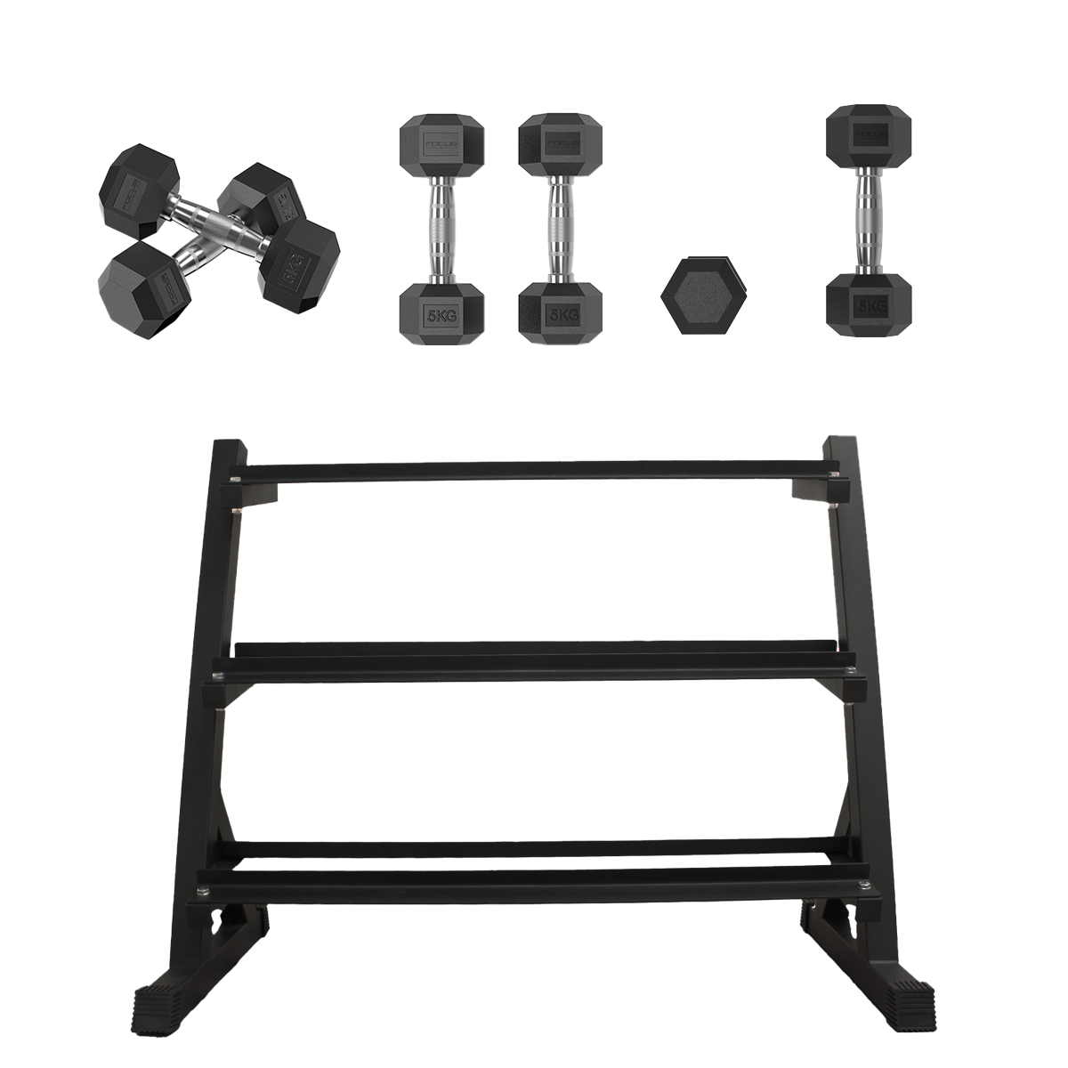 Dumbbells on a black rack. Various sizes and weights visible.