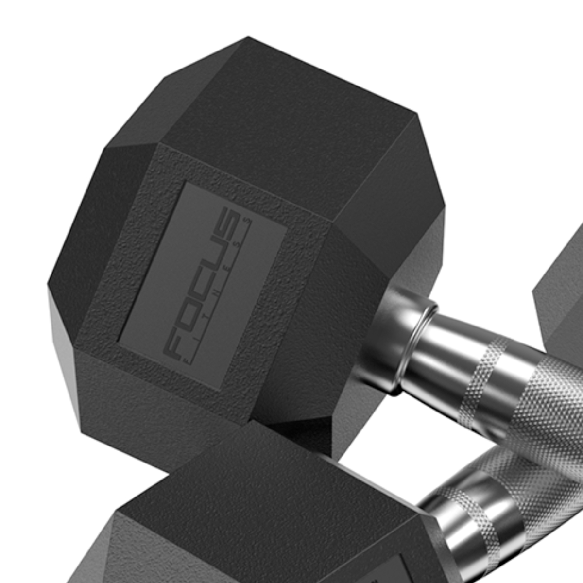 Black dumbbell with a hexagonal shape. The word "FOCUS" is visible on the side.