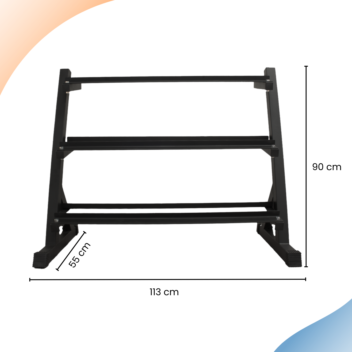 Black weight rack with three tiers, with size dimensions, set against a white background.