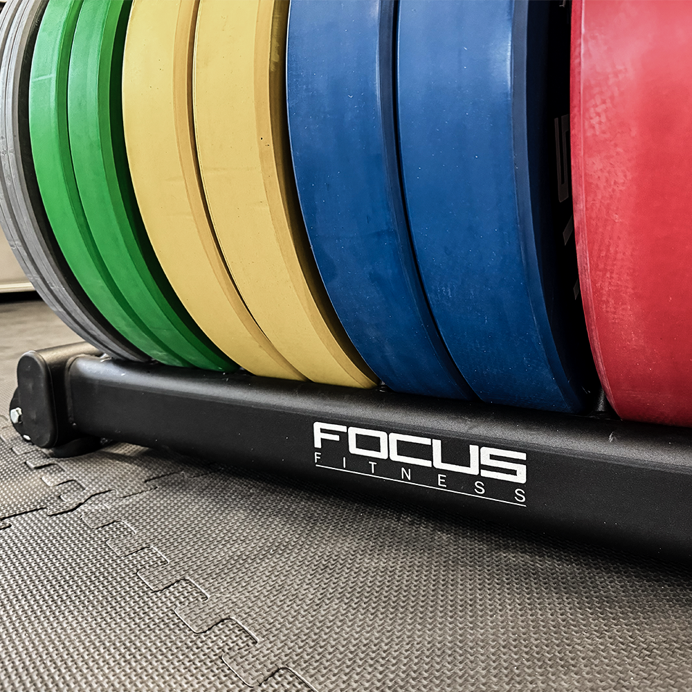 Gewichtplaten in diverse kleuren op een rek, met een 'FOCUS FITNESS' logo.