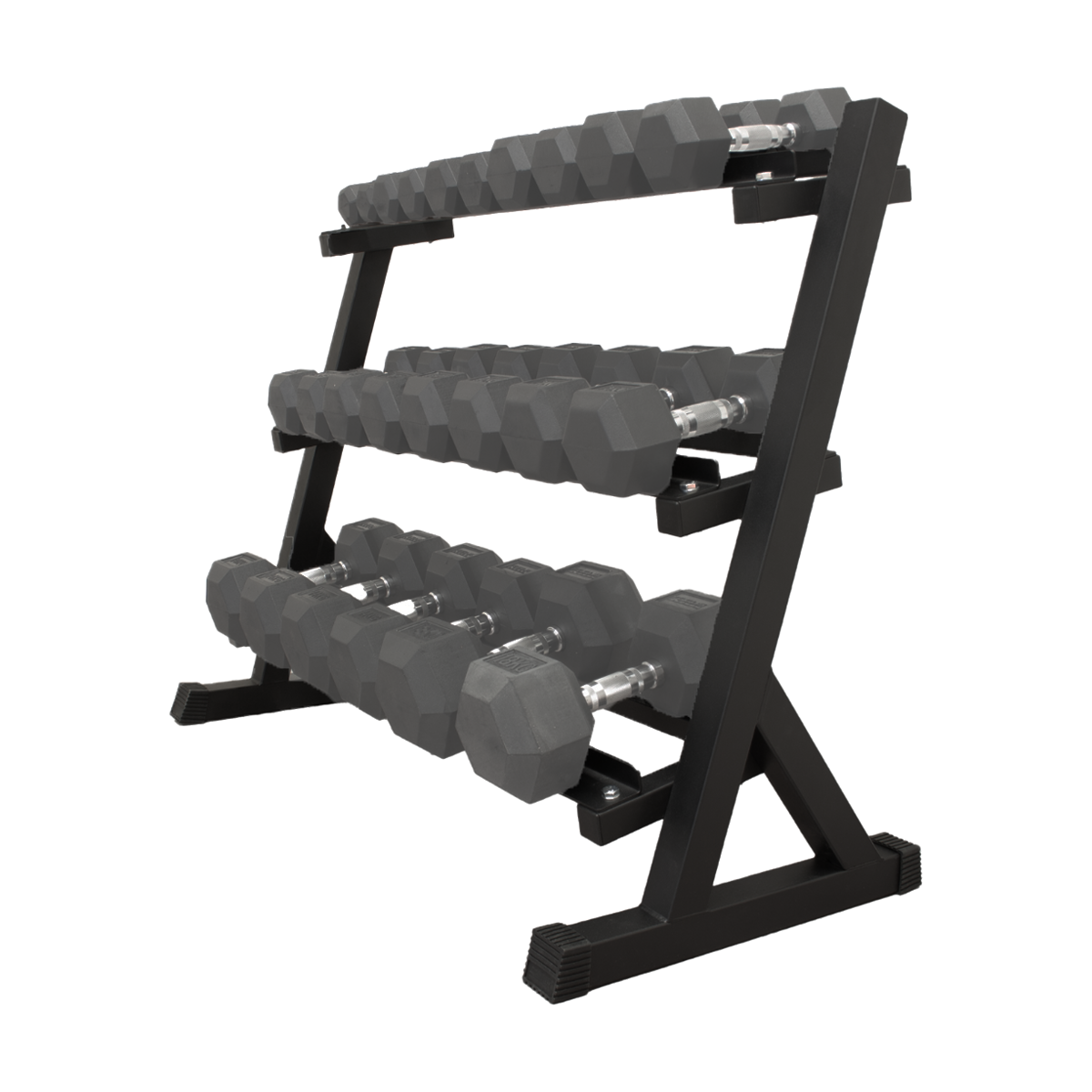 Een zwart gewichtenrek met drie niveaus met meerdere grijze dumbbells.