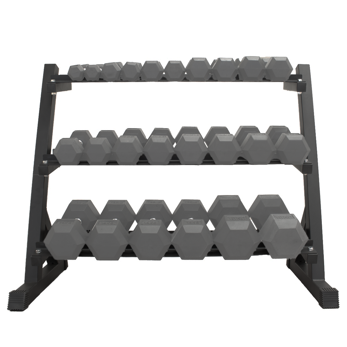 Een rek met meerdere grijze dumbbells, netjes gerangschikt op drie planken.