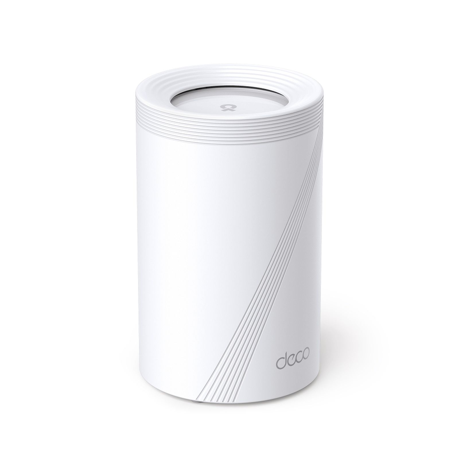 Weißer zylindrischer TP-Link Deco Router auf weißem Hintergrund mit diagonalen Linien.