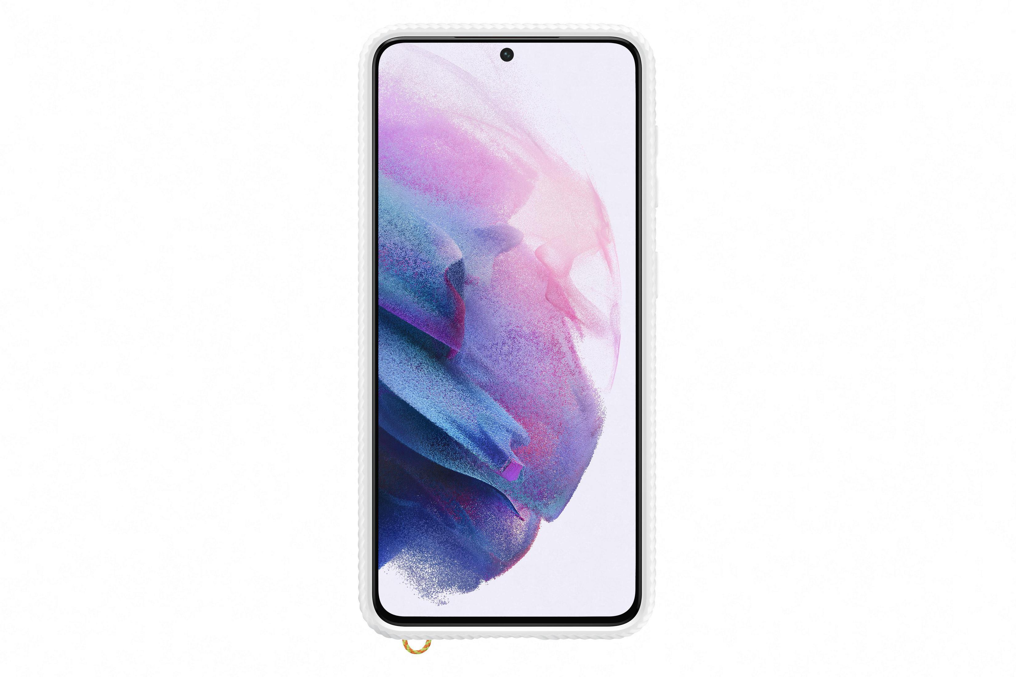 Un teléfono blanco con una funda. La pantalla muestra una imagen abstracta colorida. Tiene un anillo dorado para una correa.
