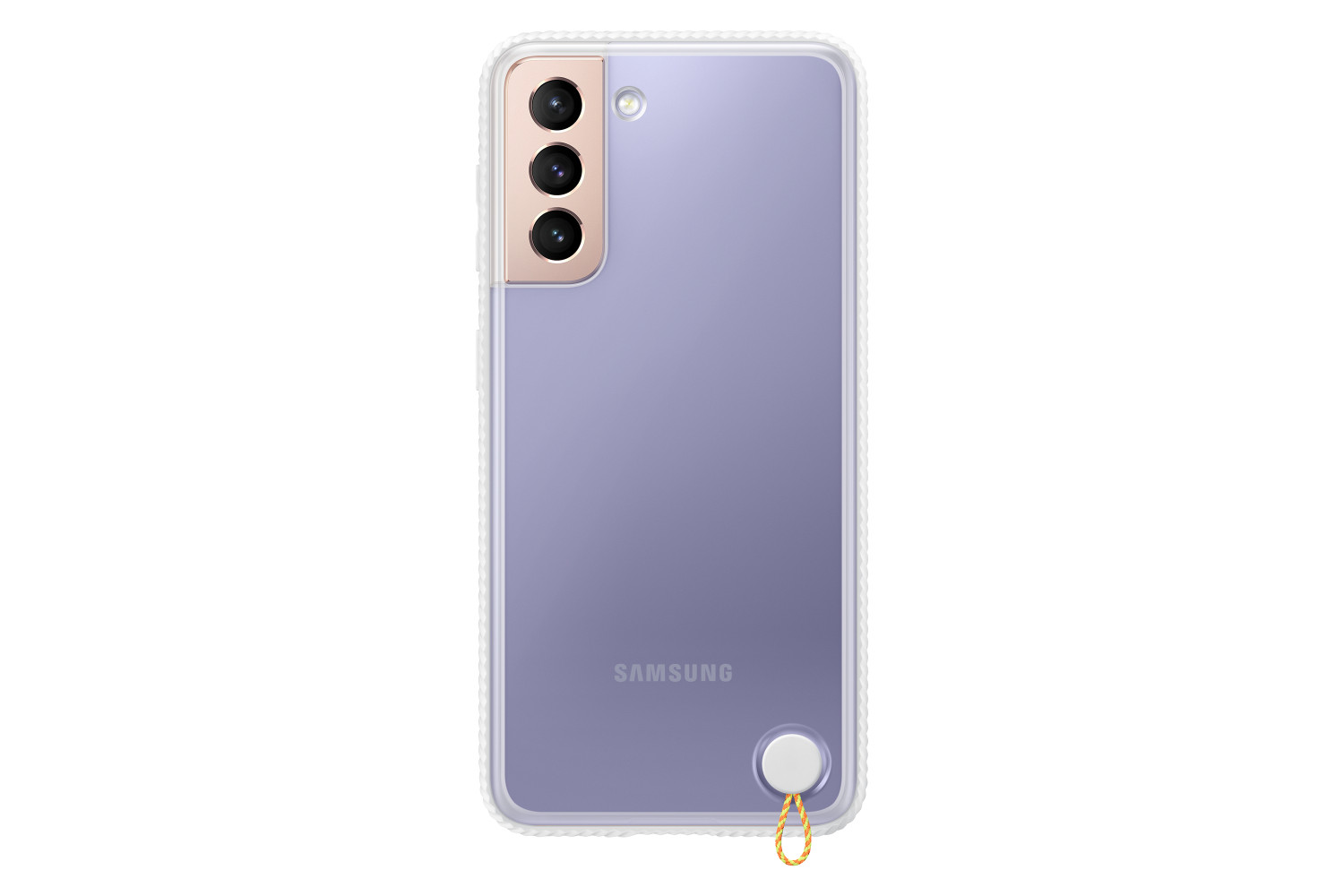 Samsung S21 morado en funda transparente, con tres cámaras. Anillo dorado abajo.