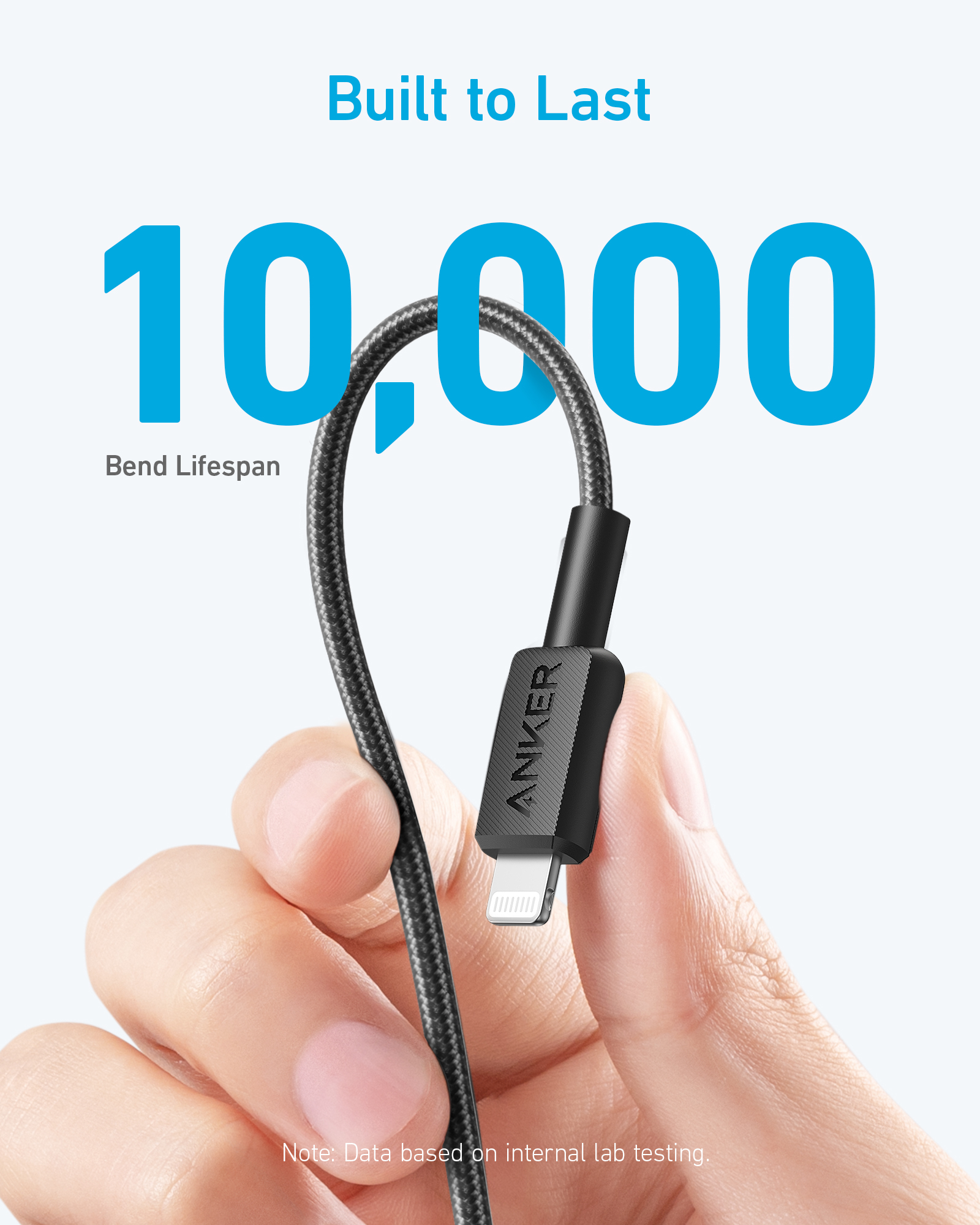 Mano che tiene il cavo Lightning. Testo: Costruito per durare. Durata di 10.000.