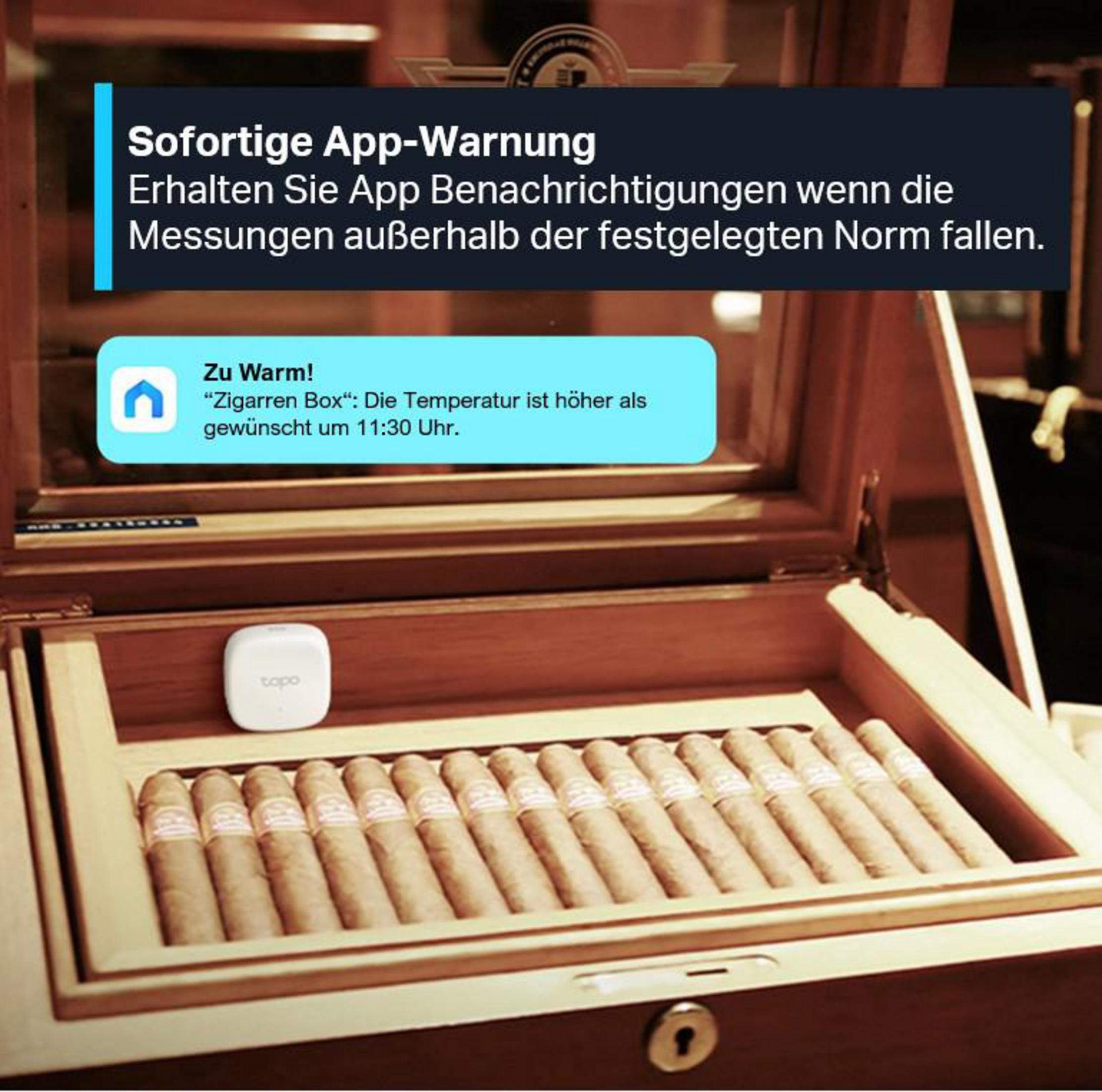 Tapo-Gerät in einem Humidor, mit einer Benachrichtigung: „Zu warm!“ Die Temperatur ist zu hoch.