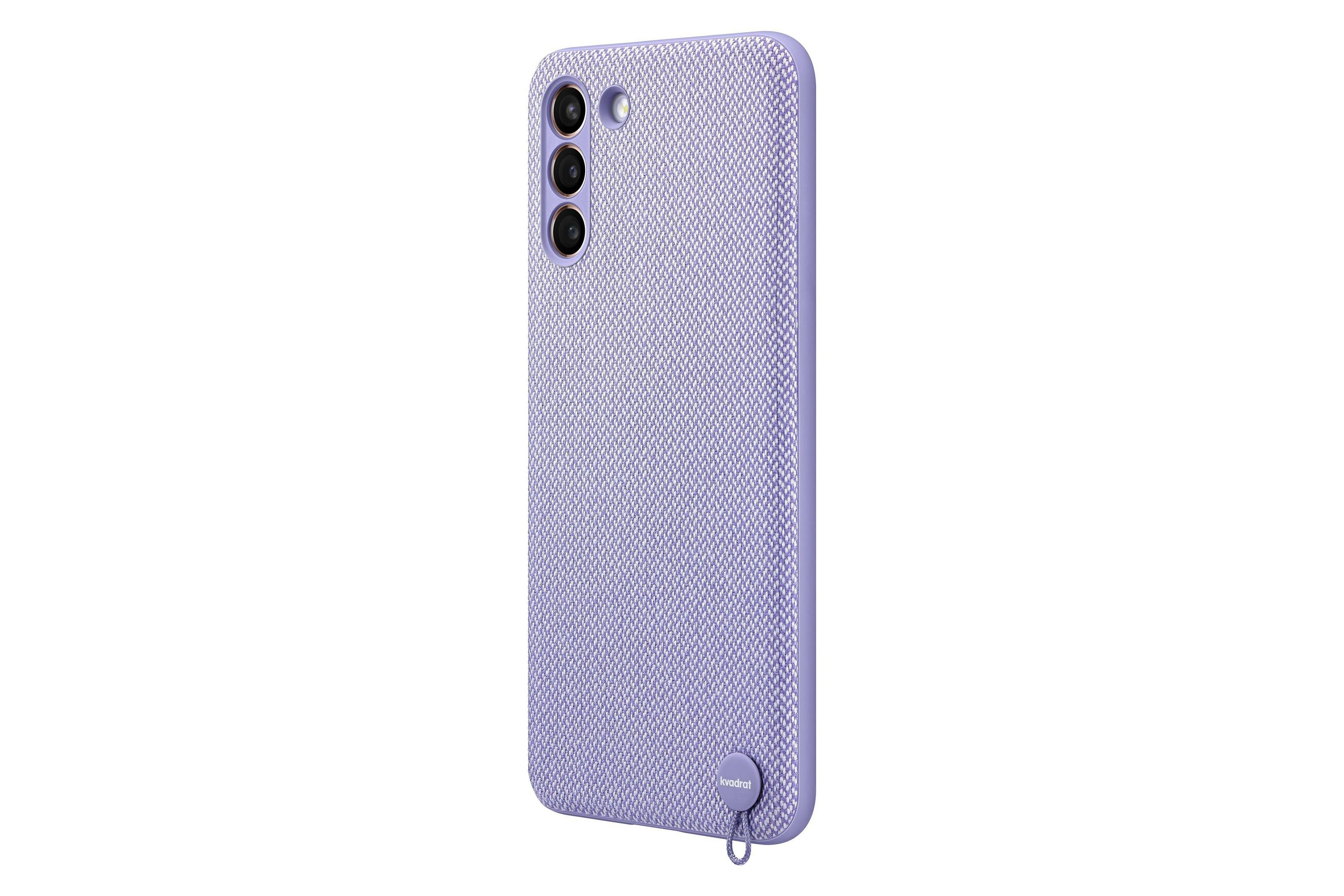 Custodia viola con trama intrecciata, tre lenti e asola su sfondo bianco.
