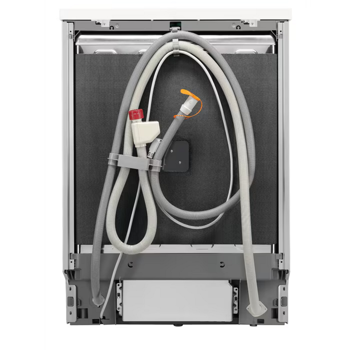 Tył zmywarki z widocznymi wężami i elementami. Szary i biały z czarnym tłem.