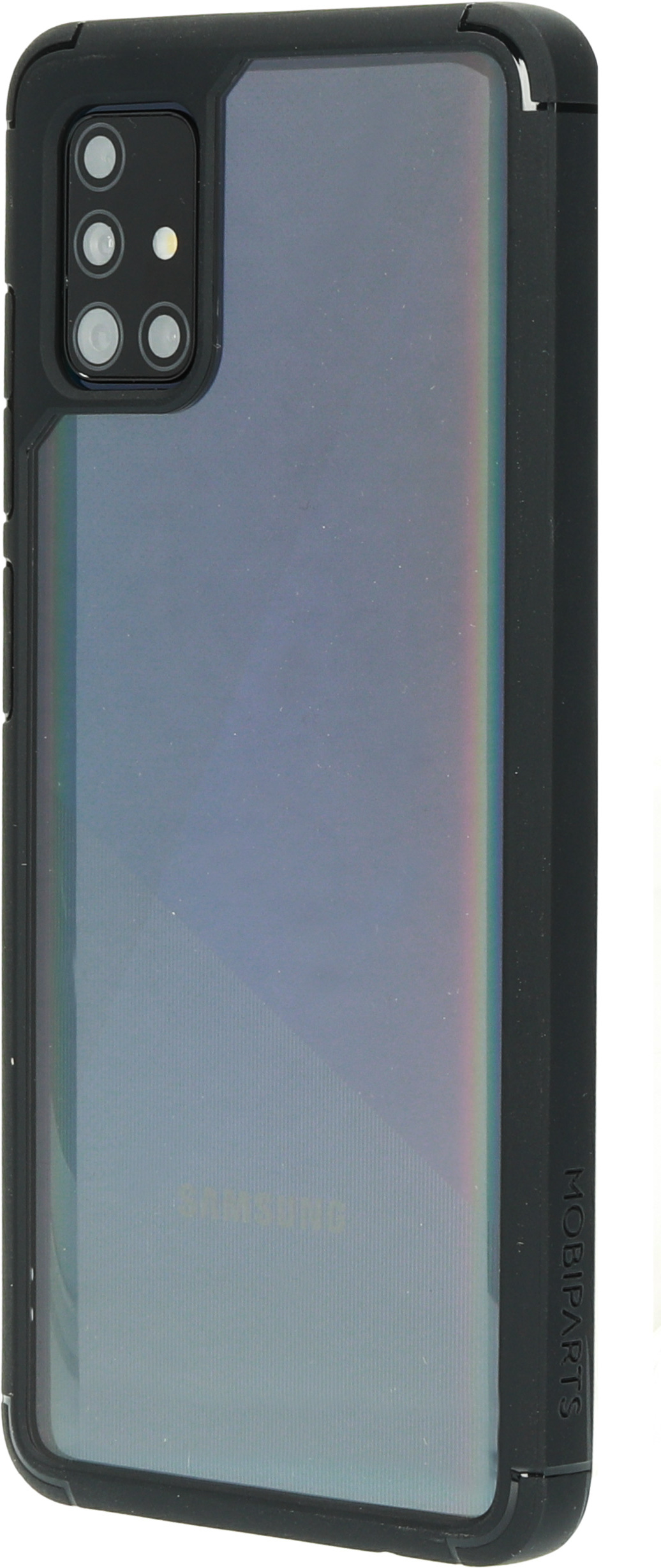 Zwarte telefoonhoes op een telefoon met een transparante achterkant. MOBIPARTS staat aan de rechterkant.