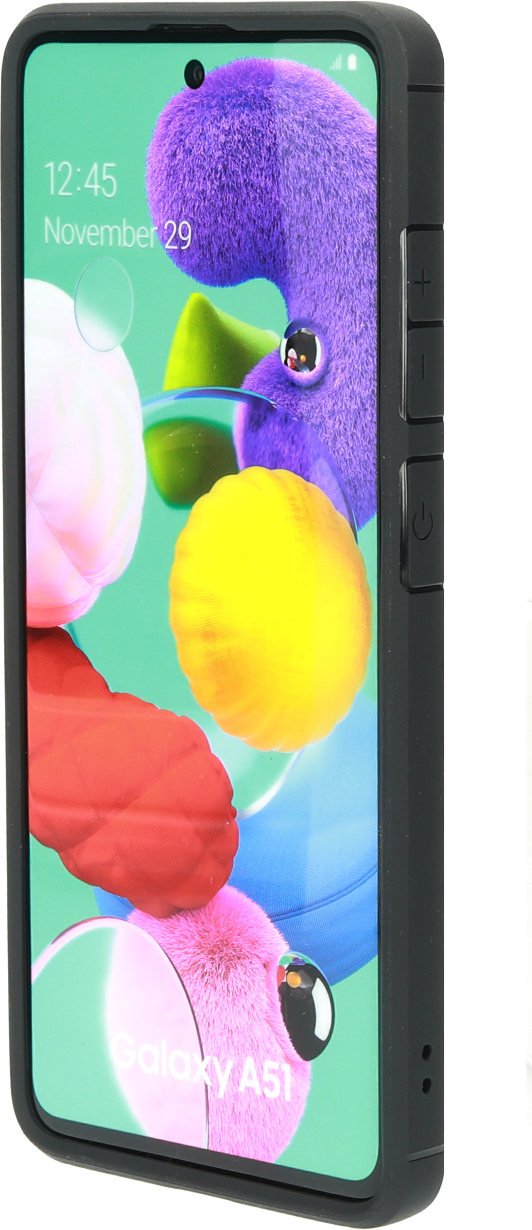 Zwarte telefoonhoes met telefoon. De telefoon is groen en toont abstracte afbeelding. Knoppen rechts.
