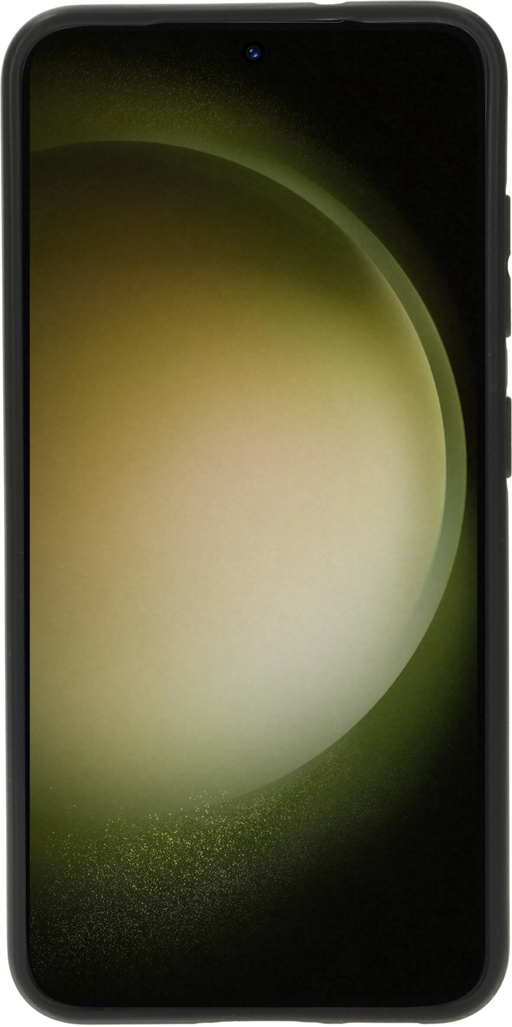 Een zwarte telefoon met een goudgroen scherm. De telefoon zit in een zwarte hoes.
