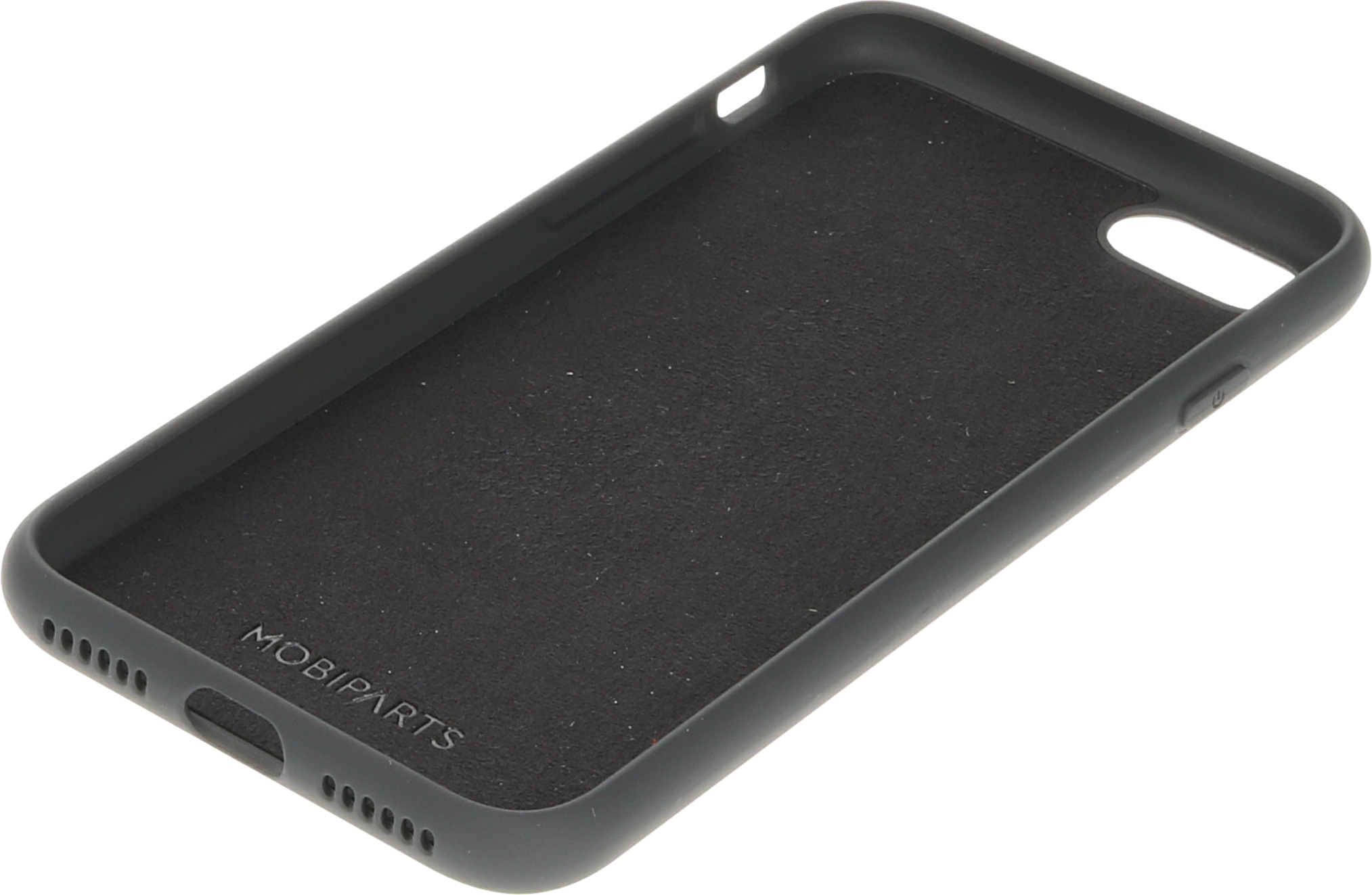 Donkergrijze telefoonhoes met MOBIPARTS-logo. Leeg.