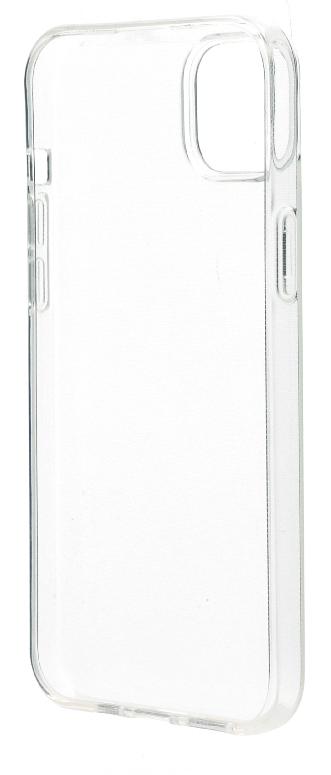 Een doorzichtige telefoonhoes, van de zijkant gezien. Het lijkt transparant en is leeg.