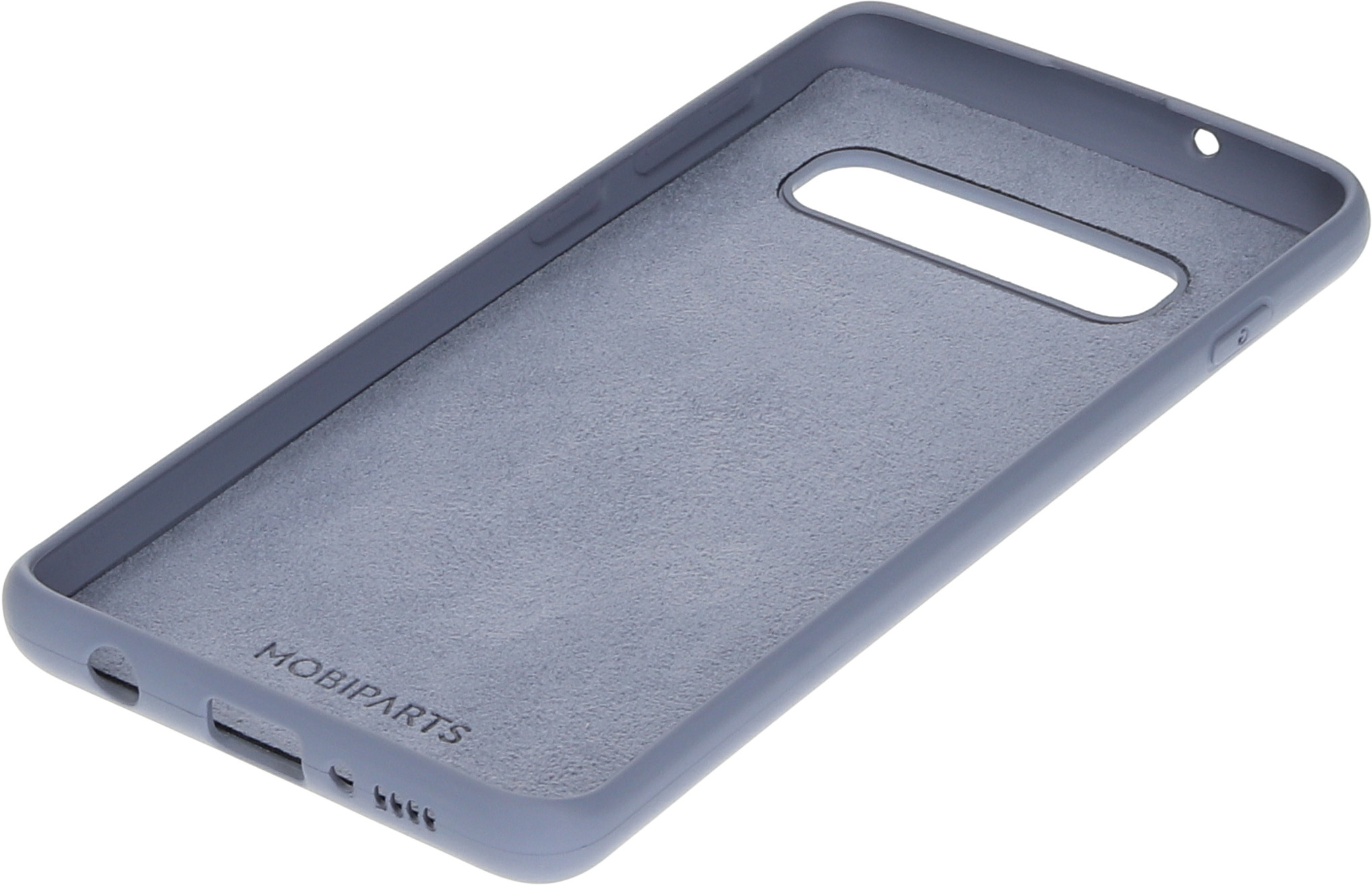 Een blauwe telefoonhoes. De binnenkant is zichtbaar, met een gestructureerd oppervlak en het merk MOBIPARTS.