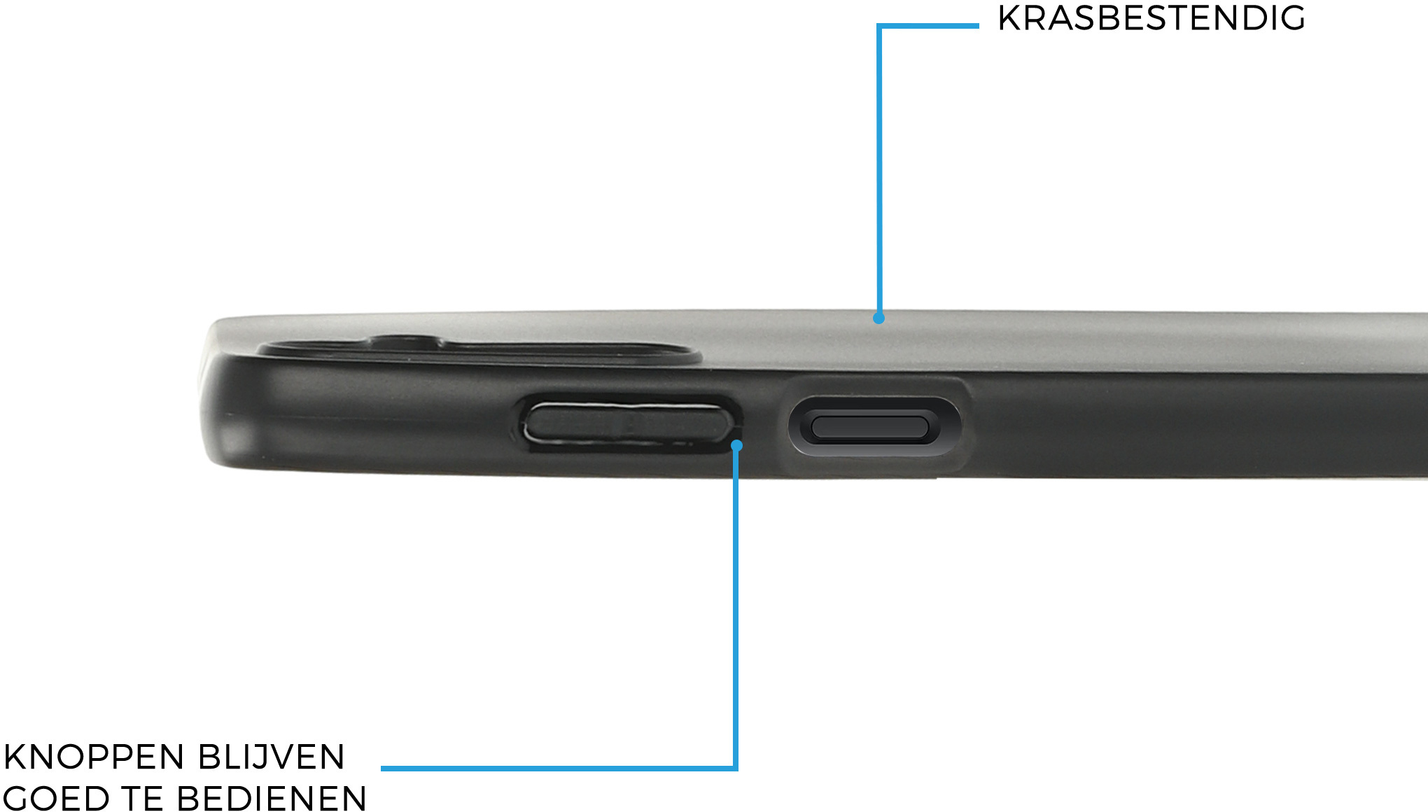Close-up van de zijkant van een telefoonhoesje met knoppen en tekst 'KRASBESTENDIG' en 'KNOPPEN BLIJVEN GOED TE BEDIENEN'.