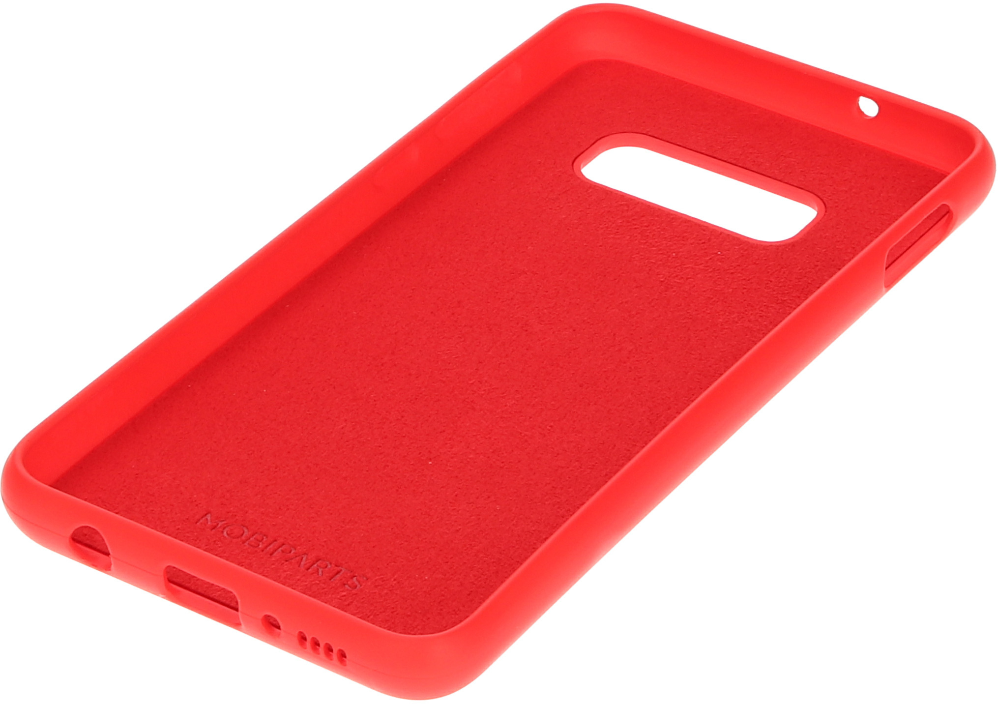 A red phone case, seen from the inside. It has a smooth, matte texture.