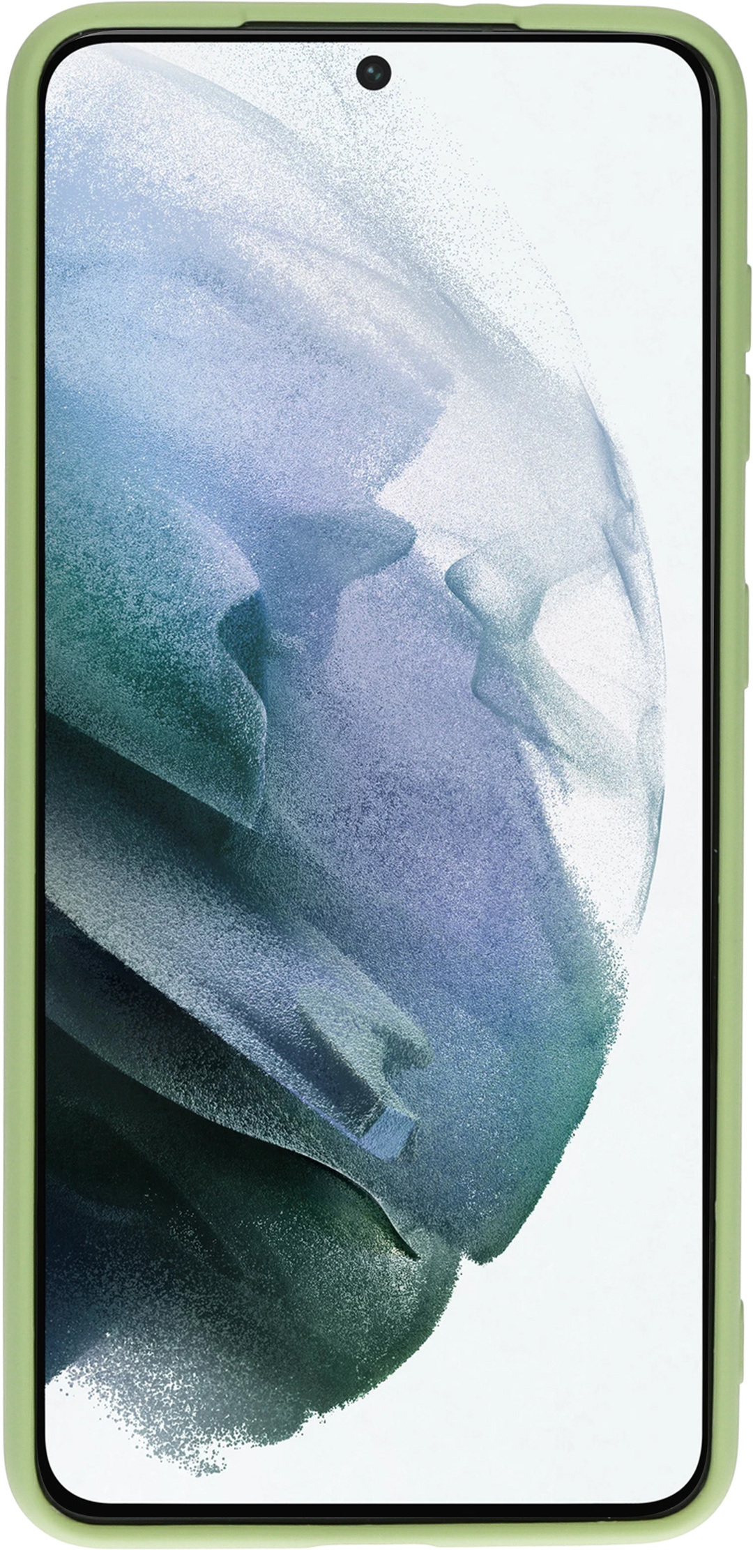 Een groene telefoonhoes met een telefoon erin die een blauwe en groene achtergrond laat zien.