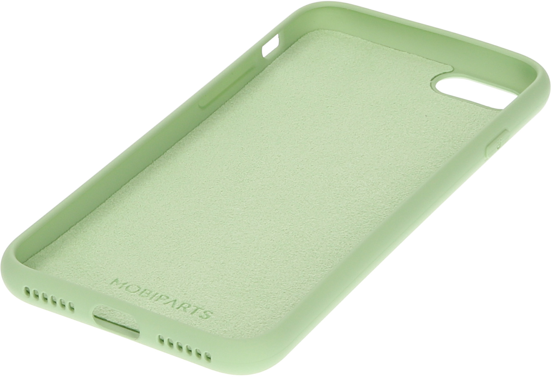 Een lichtgroene telefoonhoes met een gladde binnenkant, met het Mobiparts-logo.
