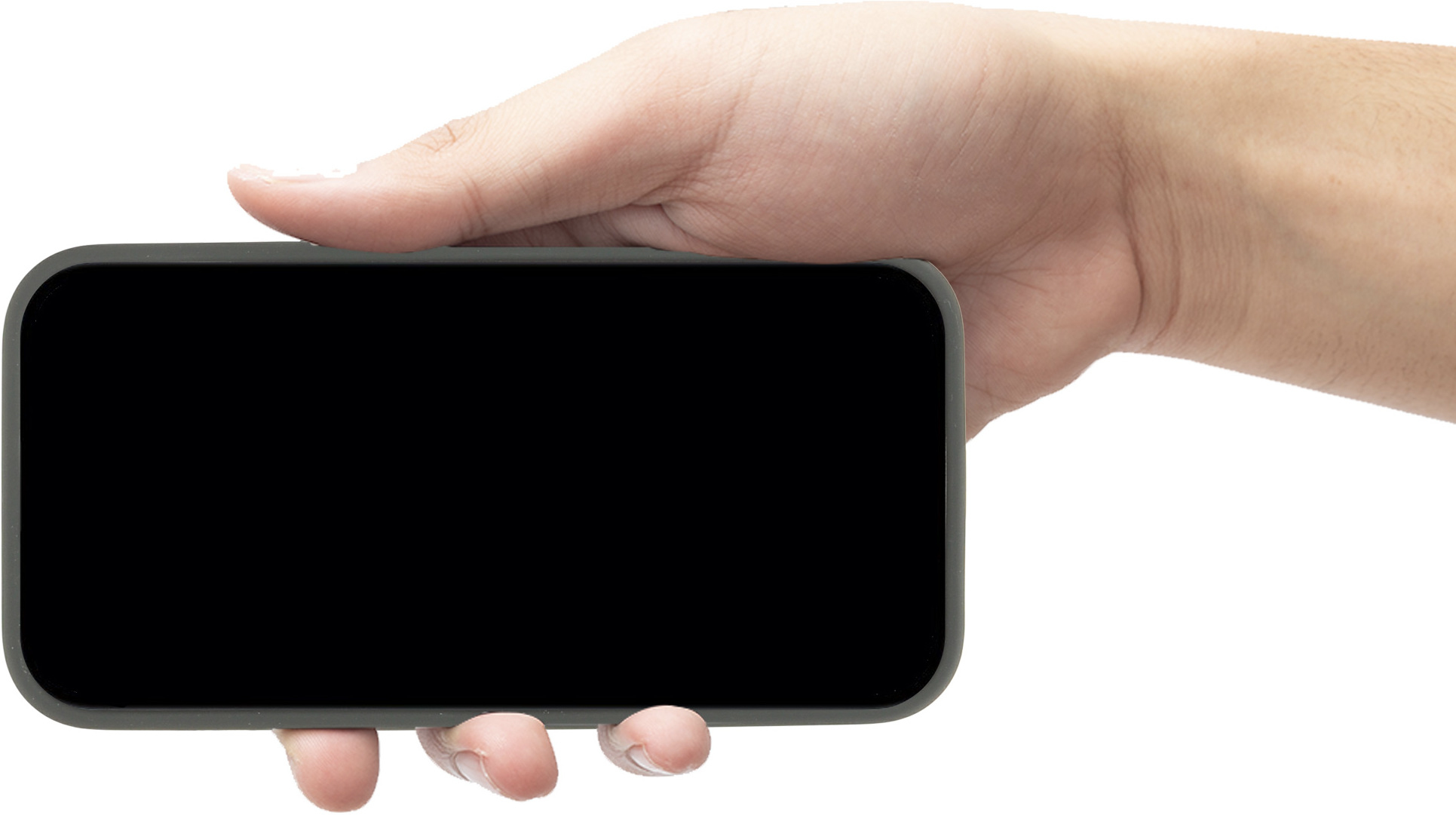 Hand die een zwarte rechthoekige telefoon vasthoudt, scherm is zwart.