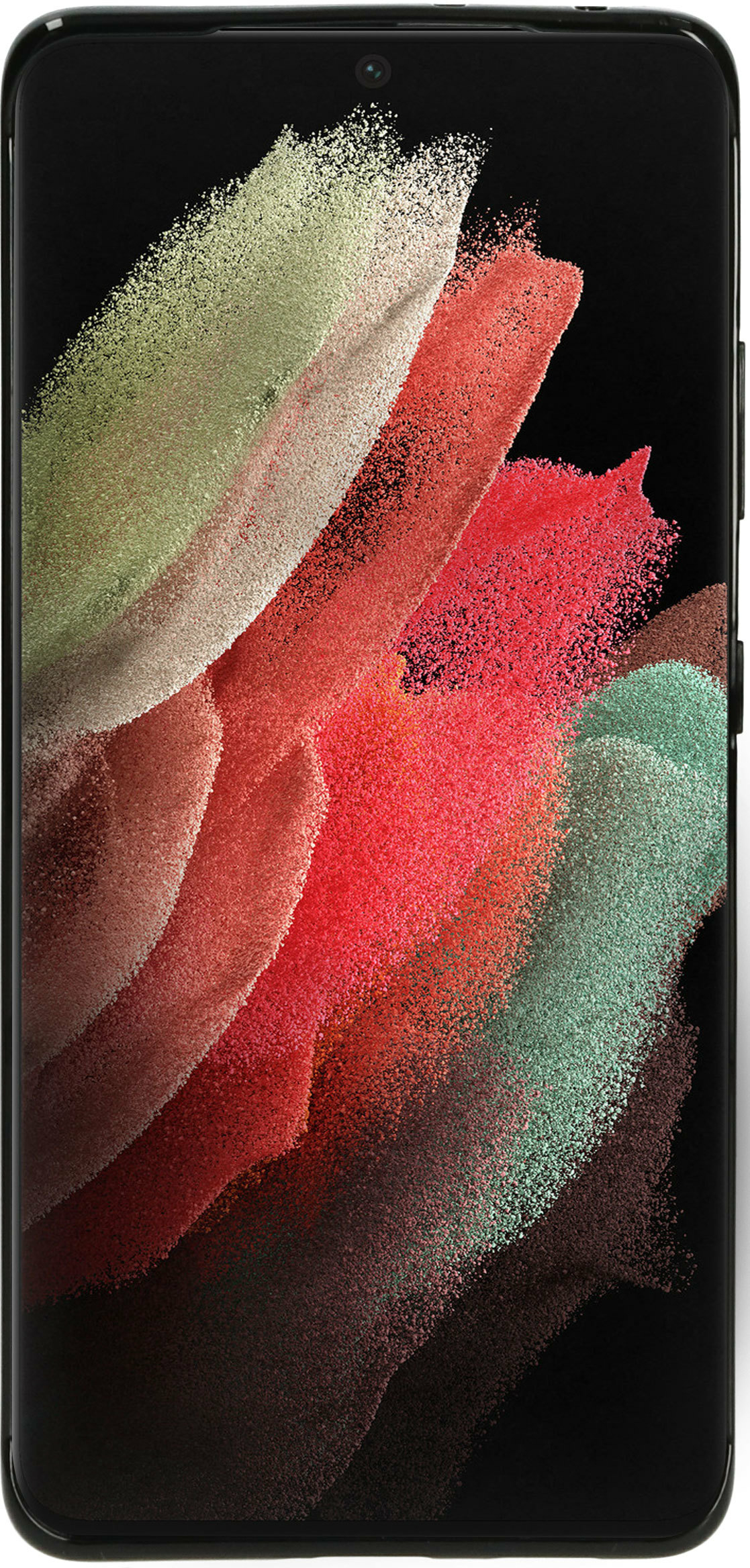 Zwarte smartphone met een kleurrijke abstracte afbeelding op het scherm.