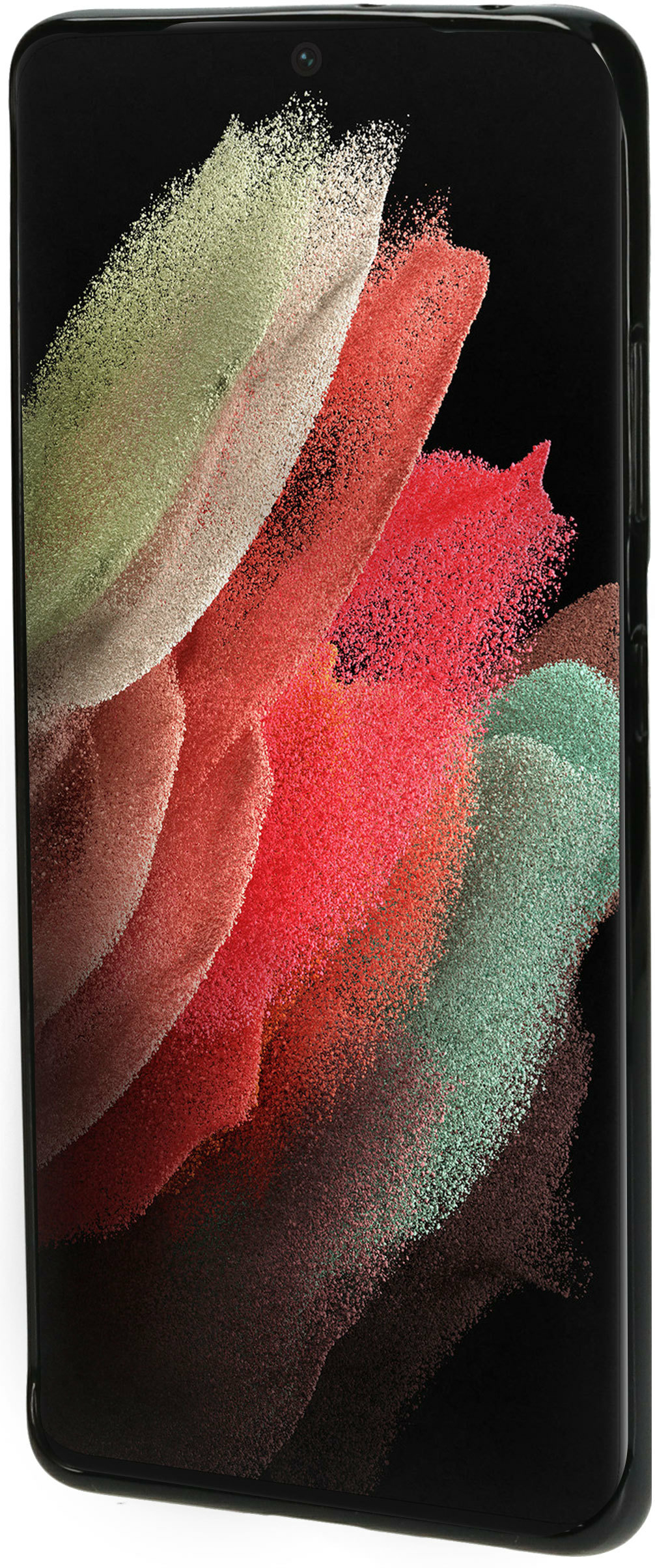 Een smartphone in een zwarte hoes, met een kleurrijke abstracte kunstachtergrond.