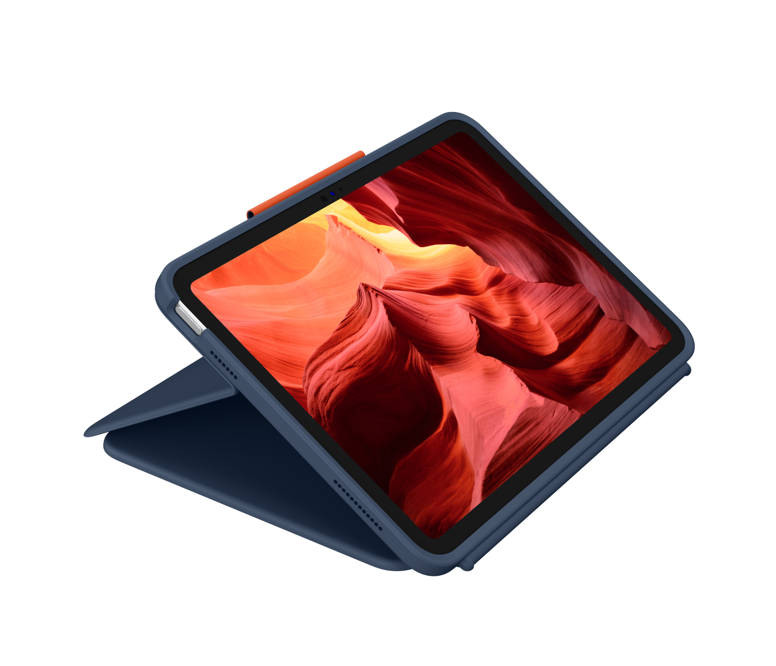 Custodia blu per tablet con parte superiore arancione. Il tablet mostra formazioni rocciose rosse.