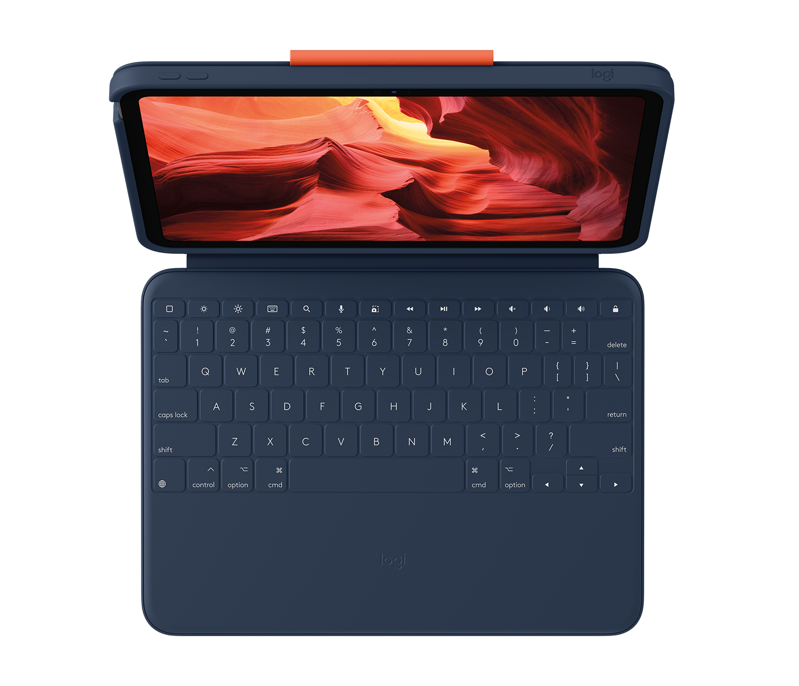 Tablet blu con cover tastiera. Il tablet mostra formazioni rocciose rosse.